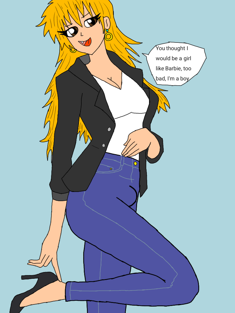 1boy blonde_hair brown_eyes bulge clothed clothing comic crossdressing dialogue fang femboy fully_clothed high_heels long_hair male male_only masterhentai666xxx original simple_background solo speech_bubble