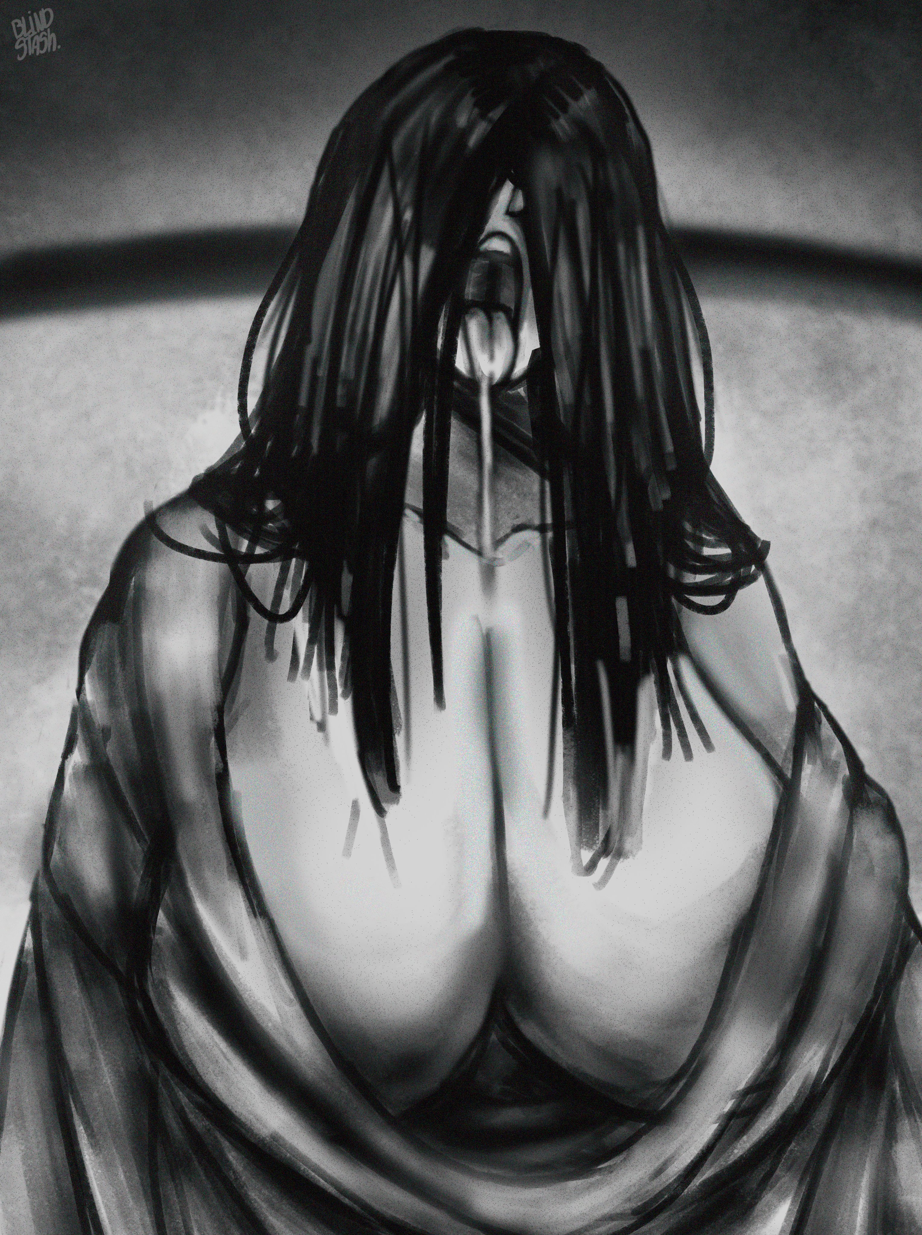 2d, big penis, blindstash, breasts, drooling, drooling tongue, female, hair over eyes, huge breasts, long hair, long-haired female, male, penis, the ring, tongue, tongue out, yamamura sadako