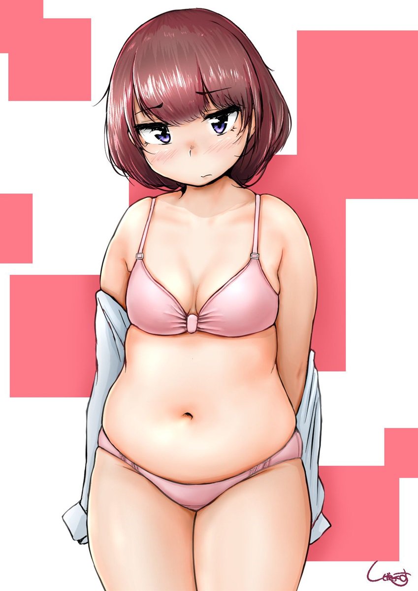 bra breasts brown_hair chubby chubby_female cute panties purple_eyes shigekikkusu tagme underwear