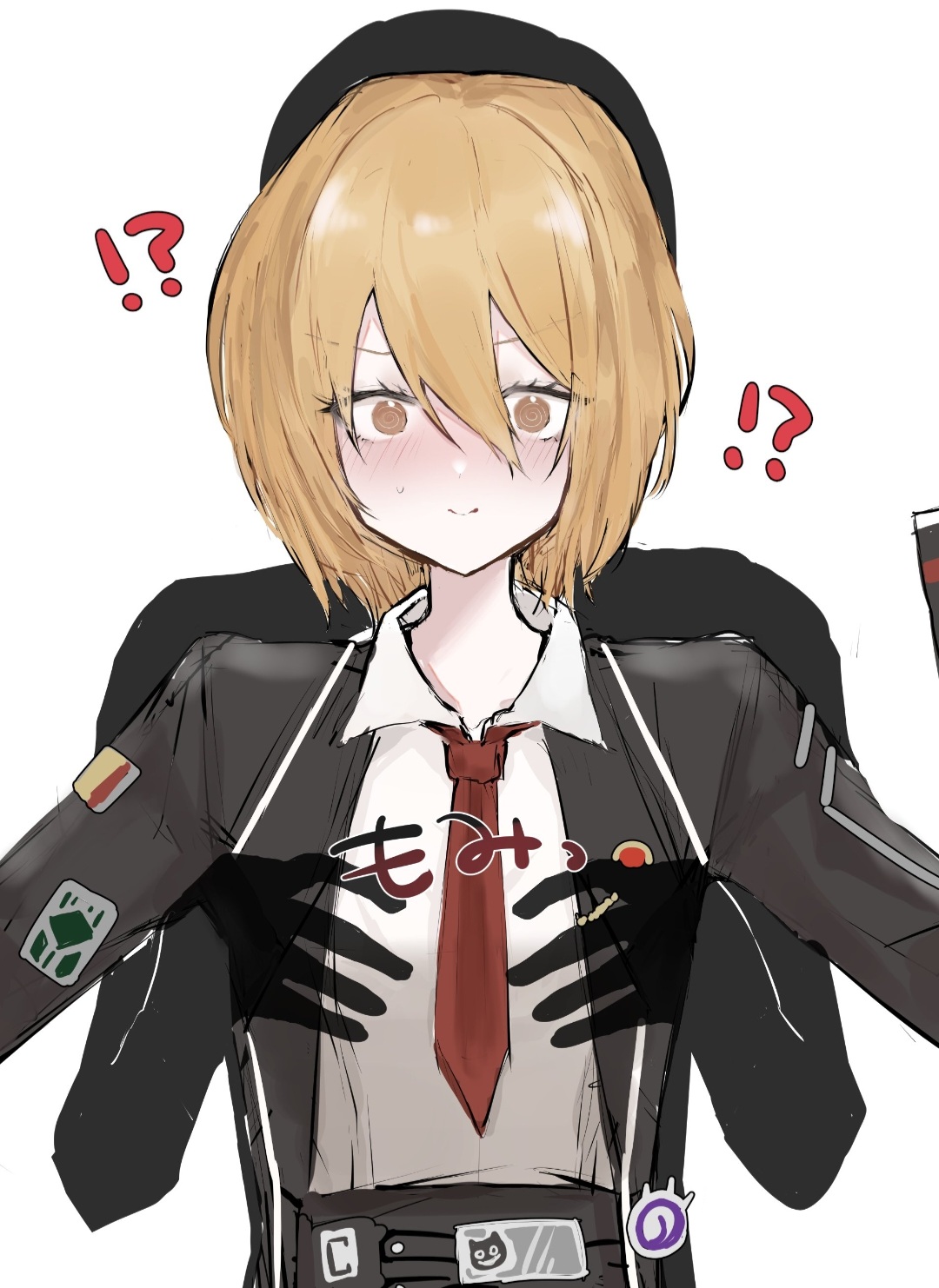 bald, blonde hair, blush, breasts, confusion, don quixote (limbus company), female, flat chest, flat chested, grabbing, grabbing breasts, grabbing from behind, grey body, grope, grope from behind, groping, groping breasts, limbus company, project moon, ruina card art attack victim grey guy, surprised