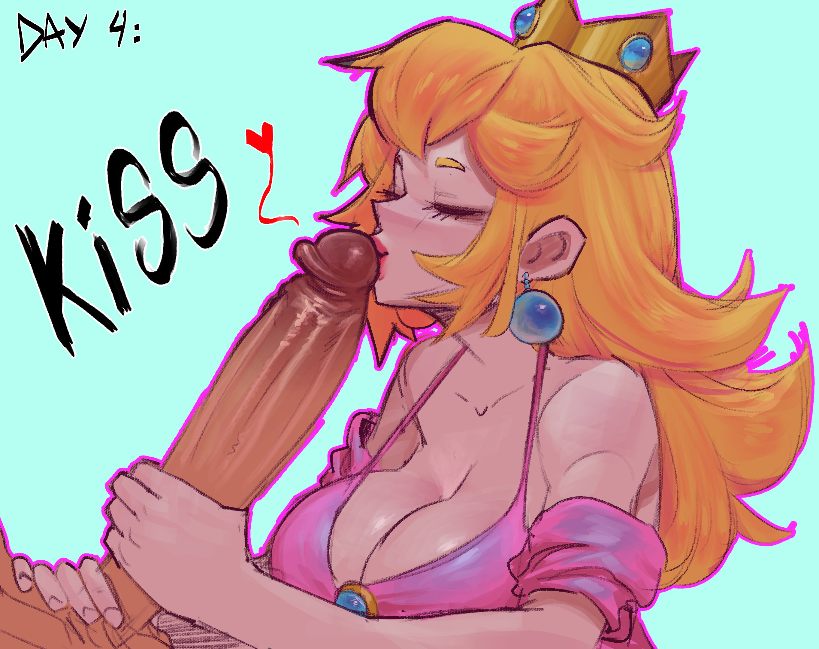 1boy, 1girls, 2023, 2d, big breasts, big penis, blonde female, blonde hair, breasts, cleavage, closed eyes, clothed, clothing, crown, duo, earrings, english text, eyelashes, female, hand on penis, heart, hi res, holding penis, huge cock, kissing, kissing penis, large breasts, large penis, lewdtober, light skin, light-skinned female, long penis, lord moku, male, male/female, mario (series), nintendo, partial male, penis, penis kiss, princess, princess peach, simple background, straight, text