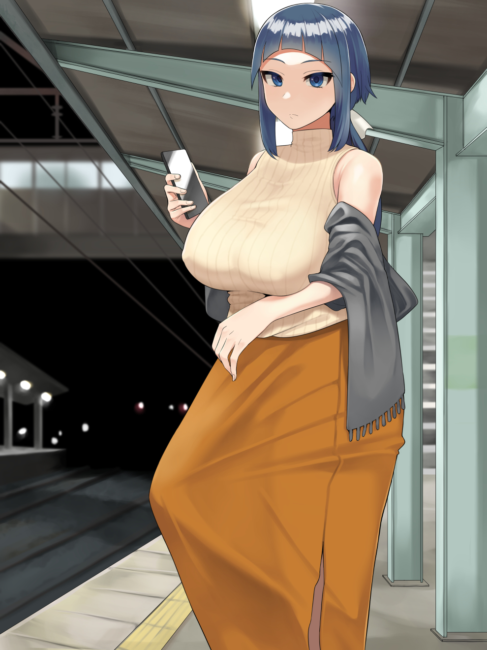 1futa, bangs, bare shoulders, big breasts, big penis, blue eyes, blue hair, breasts, bulge, busty, clothed, clothing, dick, dickgirl, erect penis, erection, erection under clothes, erection under dress, female, fully clothed, futa only, futanari, huge breasts, huge cock, human, hung, hung futa, intersex, large breasts, large penis, light skin, light-skinned futa, long penis, looking at viewer, milf, milf futa, okome (komehakumai), penis, penis under clothes, phone, short hair, sleeveless, smartphone, smooth penis, solo, standing, sweater, tenting, turtleneck, turtleneck sweater