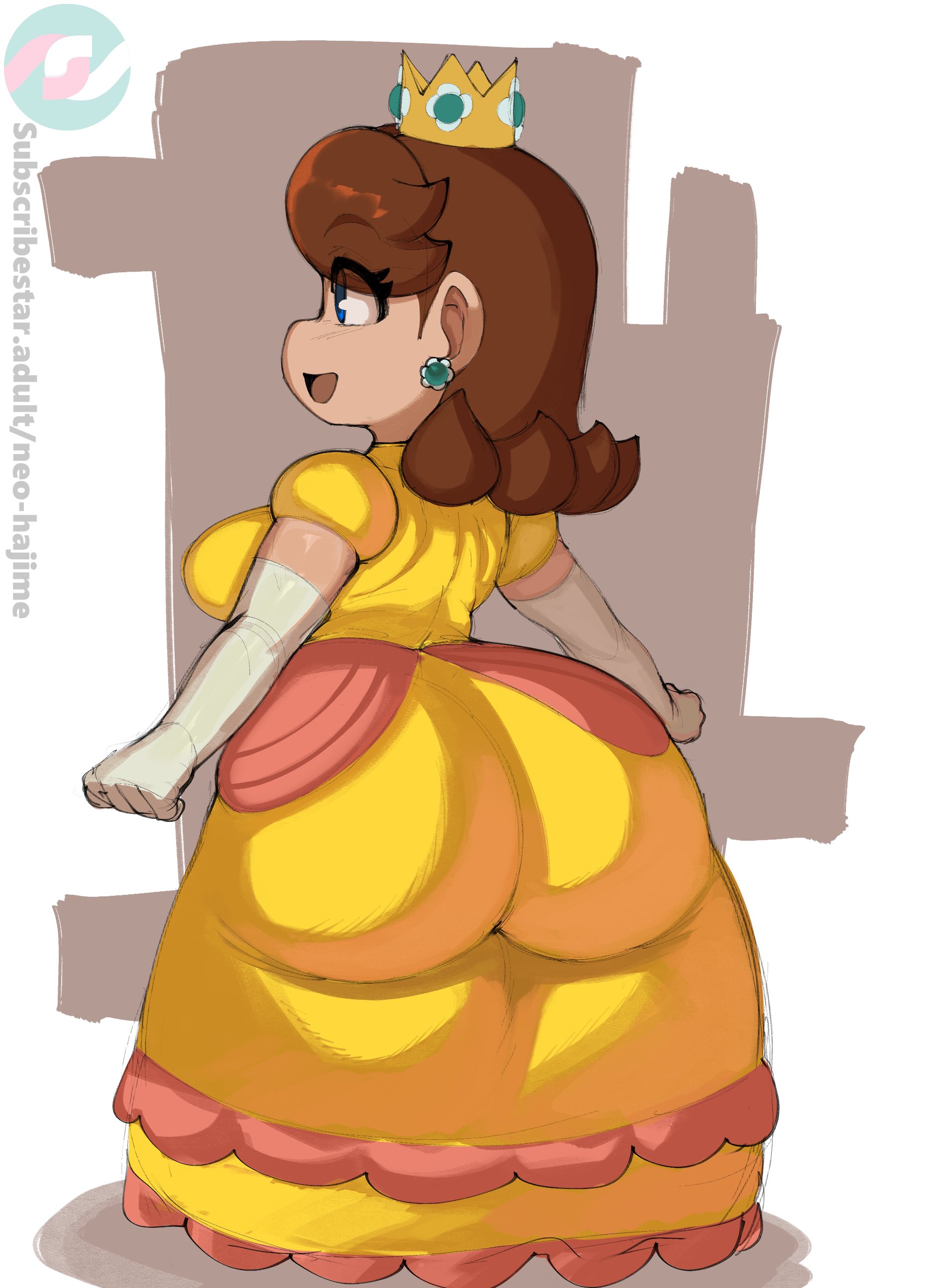 1girls, ass, ass focus, ass in dress, big ass, big butt, blue eyes, bottom heavy, breasts, brown hair, bubble ass, bubble butt, crown, curvaceous, curvy, cute, dress, earring, earrings, elbow gloves, eyes visible through hair, fat ass, female, female focus, female only, flower earrings, full body, gloves, hi res, high resolution, highres, huge ass, huge butt, large ass, light skin, long gloves, long hair, mario (series), medium hair, neo hajime, nintendo, open mouth, princess, princess daisy, princess dress, royalty, shortstack, sideboob, simple background, smile, smiling, solo, solo female, solo focus, standing, super mario bros. wonder, tagme, thick ass, voluptuous, voluptuous female, white gloves, yellow dress
