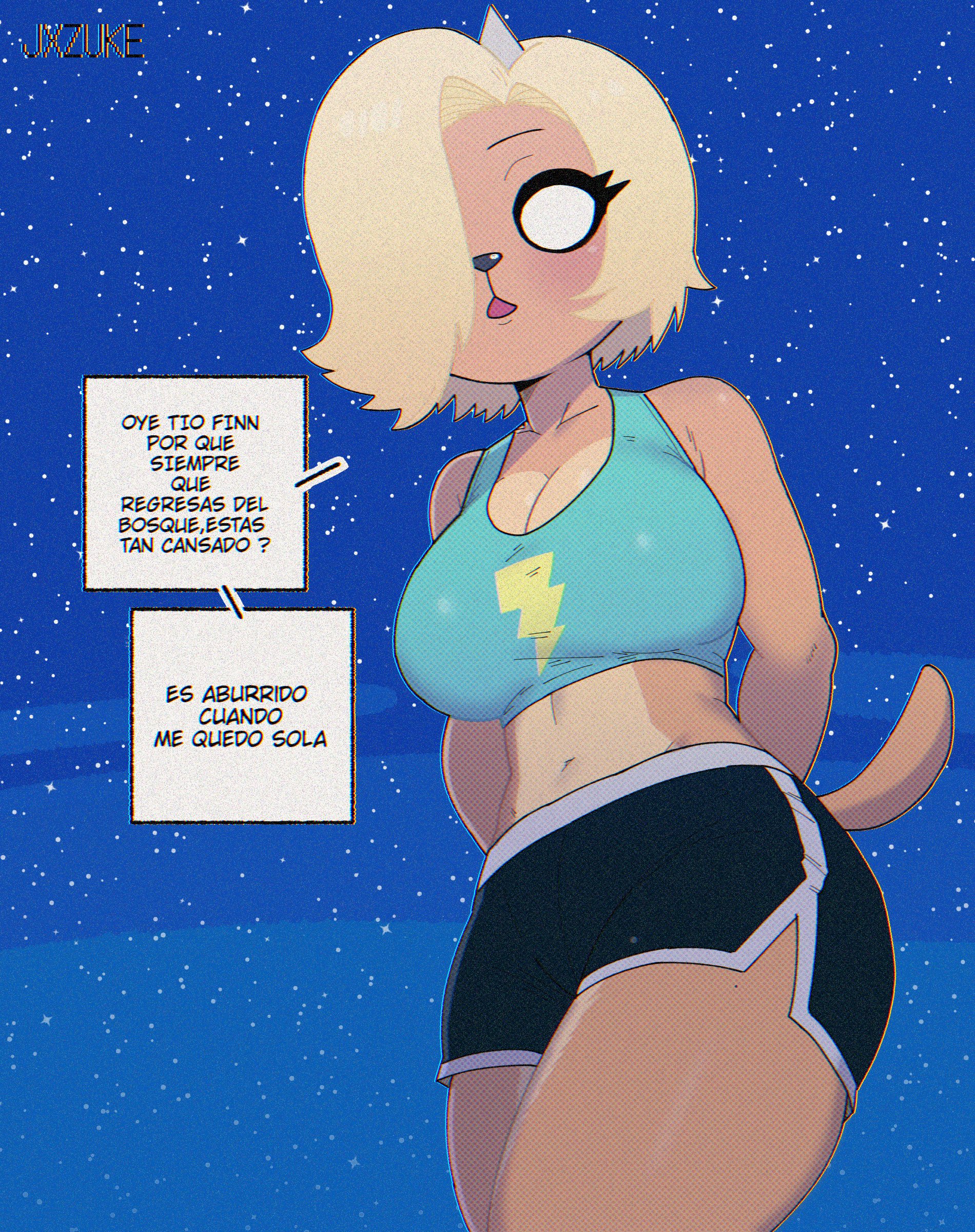 1girls, adventure time, anthro, anthro female, big breasts, blonde female, blonde hair, breasts, bronwyn, cartoon network, female, hair over one eye, horn, jxzuke, looking at viewer, looking down, looking down at viewer, short hair, shorts, spanish text, translated