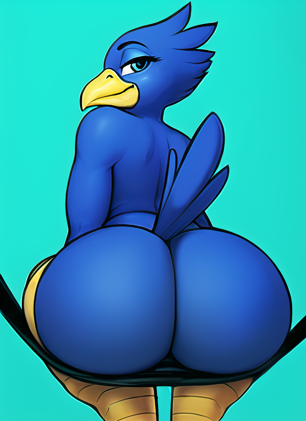 1boy ai_generated anthro anthrofied ass avian beak big_ass big_butt bird blue_background blue_feathers blue_hair blue_sky cable curvaceous curvy dat_ass feathers femboy feminine_male girly huge_ass huge_butt looking_back male male_only nai_diffusion pixar presenting presenting_hindquarters sitting smile smiling stable_diffusion tail_feathers telephone_wire thick thick_ass thick_thighs thighs voluptuous whoram wire