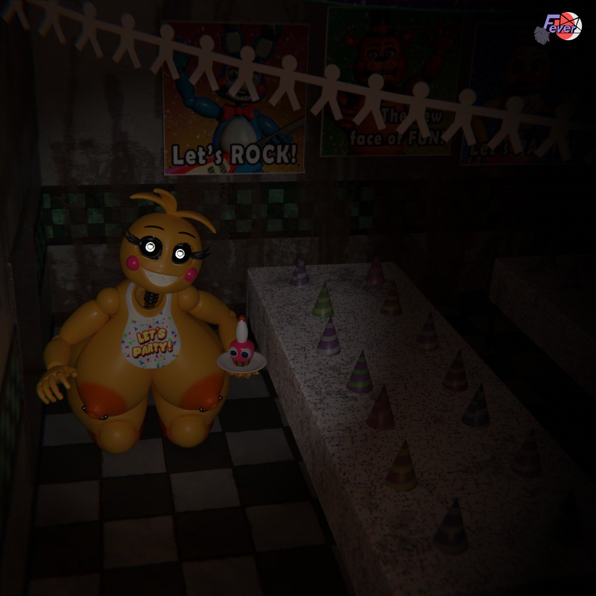 1girls 3d animatronic areolae big_breasts breasts cupcake eyebrows eyelashes female female_only feversfm five_nights_at_freddy's five_nights_at_freddy's_2 heart-shaped_pupils large_breasts looking_at_viewer nipple_piercing nipples orange_nipples plate sharp_teeth solo solo_female solo_focus toy_chica_(fnaf) toy_chica_(love_taste) toying_self white_eyes yellow_body yellow_skin