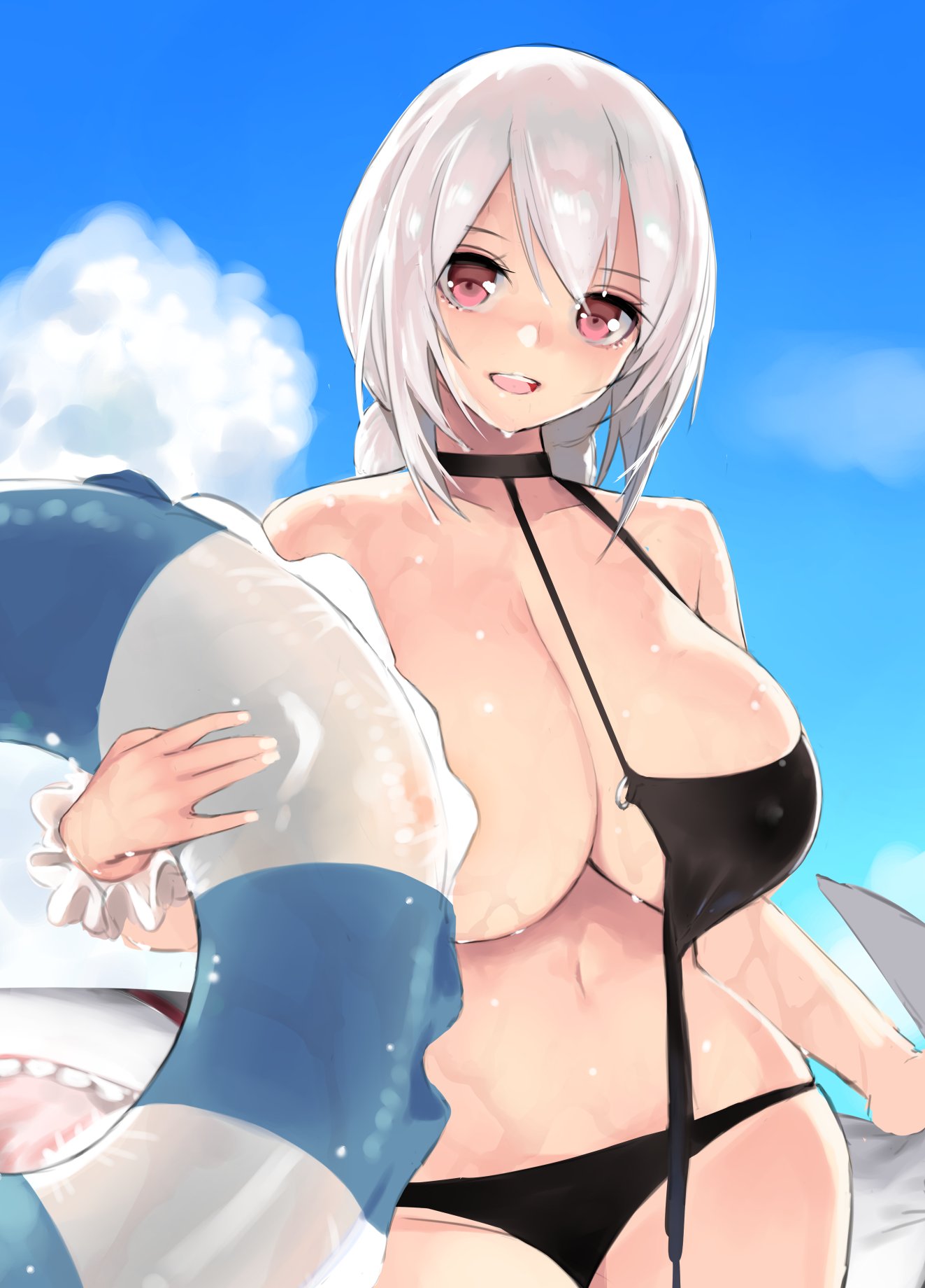 1girls alternate_costume areola_slip azur_lane bikini black_bikini blue_sky braid breasts cleavage commentary_request gen_(black_factory) hair_between_eyes highres huge_breasts innertube light-skinned_female light_skin looking_at_viewer low_twin_braids nail_polish navel o-ring o-ring_bikini o-ring_top one_breast_out open_mouth outdoors pink_eyes royal_navy_(azur_lane) scrunchie sidelocks sirius_(azur_lane) sirius_(scorching-hot_seirios)_(azur_lane) sky smile standing stomach swimsuit twin_braids wardrobe_malfunction wet white_hair white_nails wrist_scrunchie