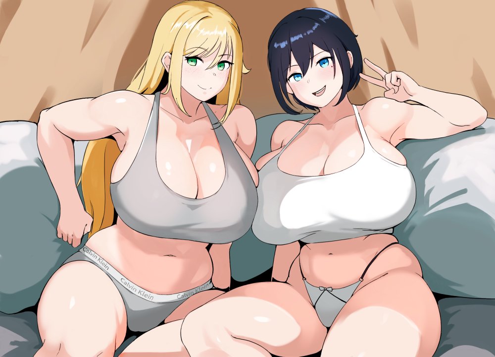 2girls, big breasts, blue eyes, blush, blushing at viewer, bra, breasts, breasts bigger than head, commission, female, green eyes, huge breasts, light skin, light-skinned female, long hair, looking at viewer, mole under eye, multiple females, multiple girls, original, original character, original characters, peace sign, setawar (coco), short hair, underwear