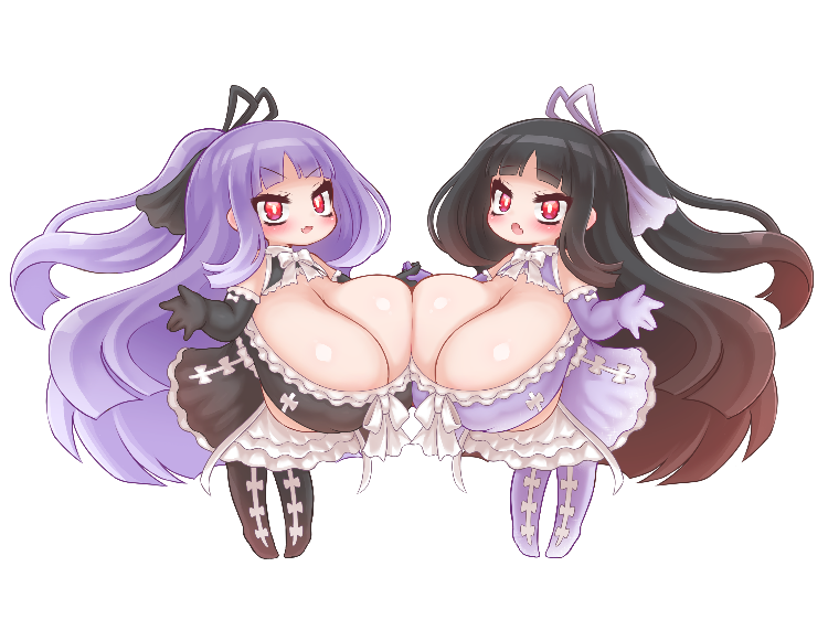 2girls alexi_(tits!) arekishi black_hair breast_press breasts bursting_breasts cleavage gigantic_breasts huge_breasts kakuretenai large_breasts long_hair looking_at_viewer multiple_girls original purple_hair shortstack very_long_hair