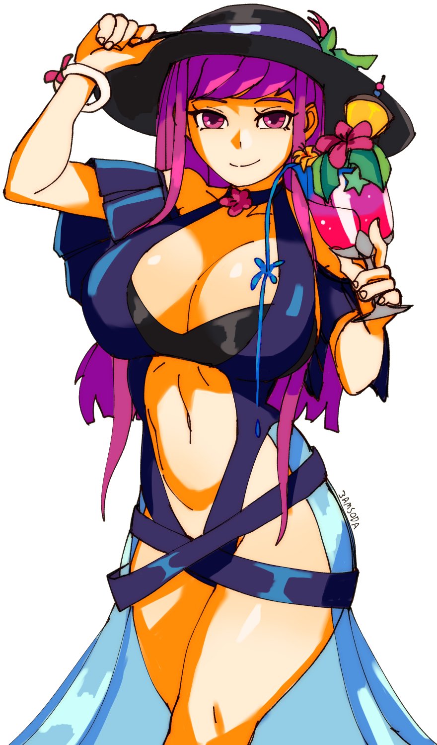 1girls 3amsoda alternate_costume artist_name black_headwear blue_one-piece_swimsuit blue_swimsuit bracelet breasts cleavage commentary crossed_legs curvy drink female female female_only fire_emblem fire_emblem_engage fire_emblem_heroes flower flower_hat hat highres huge_breasts ivy_(fire_emblem) ivy_(summer)_(fire_emblem) jewelry looking_at_viewer navel nintendo official_alternate_costume one-piece_swimsuit purple_eyes purple_hair simple_background smile solo sun_hat swimsuit white_background