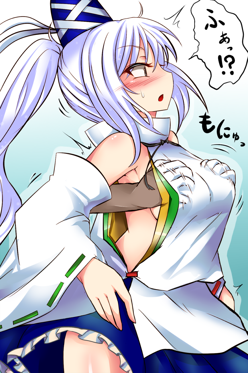 1boy 1boy1girl 1girls blush breast_grab breasts clothed dark-skinned_male dark_skin detached_sleeves disembodied_hand female_focus grey_eyes groping hat light-skinned_female light_skin long_hair molestation mononobe_no_futo open_mouth ponytail roki_(hirokix) sideboob solo_focus thighs touhou white_hair