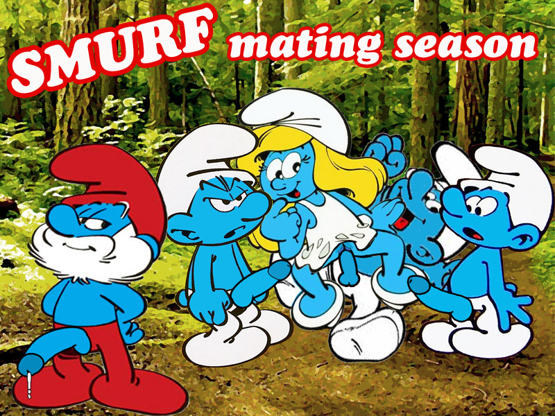 1girls 4boys beard blonde_hair blue_balls cum_dripping erection exposed_penis female finger_to_mouth forest grouchy_smurf hands_on_hips large_penis mouth_open pants_down papa_smurf penis_size_difference red_cap red_pants smurfette squatting_on_penis tagme the_smurfs vaginal_penetration white_cap white_hair white_pants