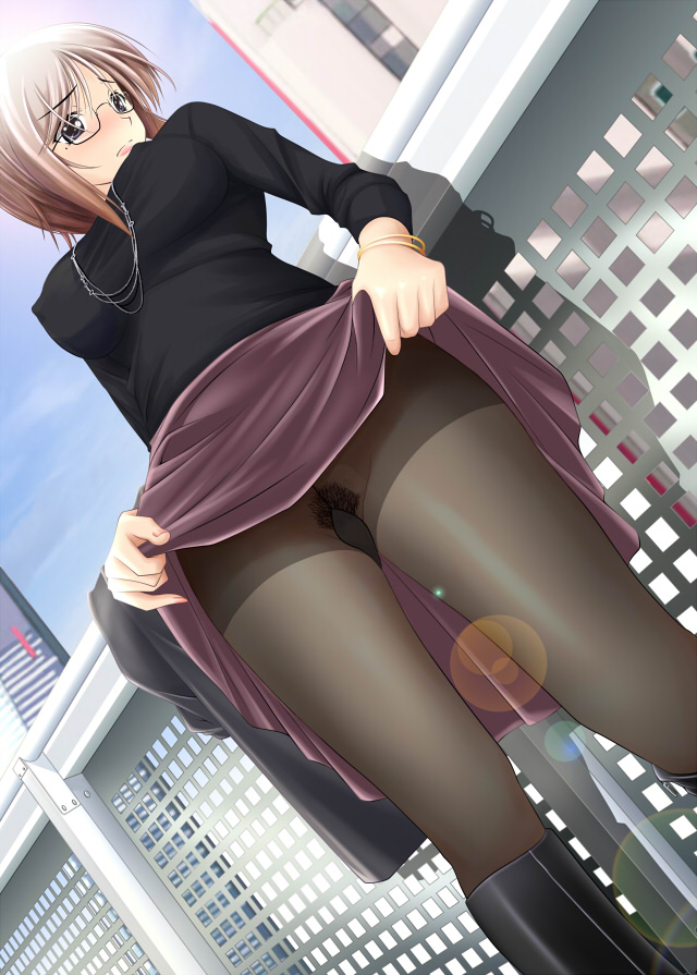 1girls blue_eyes blush boots breasts brown_hair city copyright_request dutch_angle embarrassed erect_nipples female from_below glasses hiyoko_daiou jewelry legs lens_flare mole necklace no_panties pantyhose pubic_hair skirt skirt_lift solo