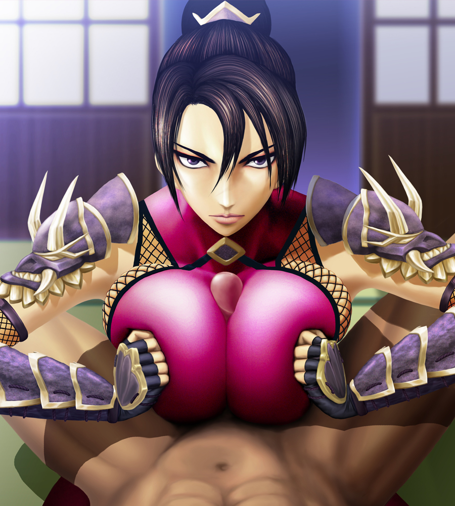 angry black_eyes black_hair bodysuit breasts female fingerless_gloves glare gloves human long_hair male necrolust paizuri paizuri_over_clothes penis ponytail shoulder_pads soul_calibur straight taki tied_hair uncensored