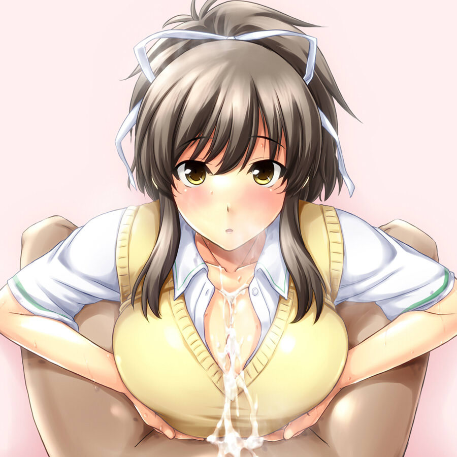 asuka_(senran_kagura) blush breasts brown_hair cum cum_on_body cum_on_breasts cum_on_clothes cum_on_upper_body cum_overflow female hair_ribbon huge_breasts kuimono looking_at_viewer male overflow paizuri paizuri_under_clothes penis pov ribbon senran_kagura straight sweater_vest titfuck uncensored yellow_eyes