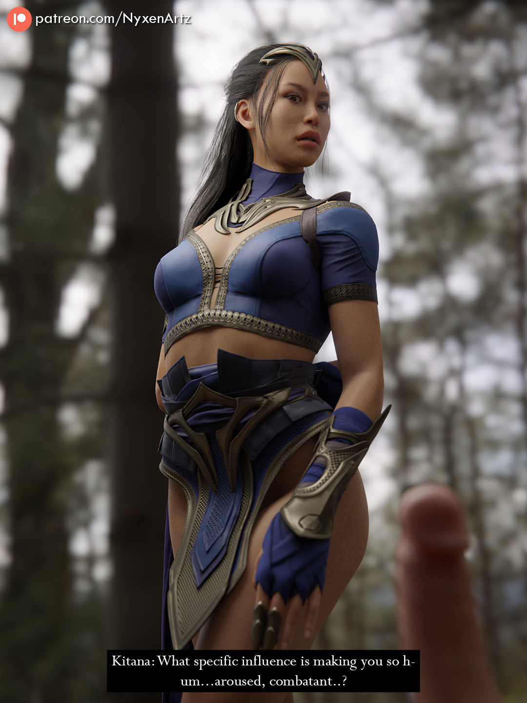 3d, cfnm, clothed female nude male, female, half-dressed, kitana, kitana (new era), looking, looking at penis, male, mortal kombat, mortal kombat 1 (2023), nude, nude female, nyxenartz, penis