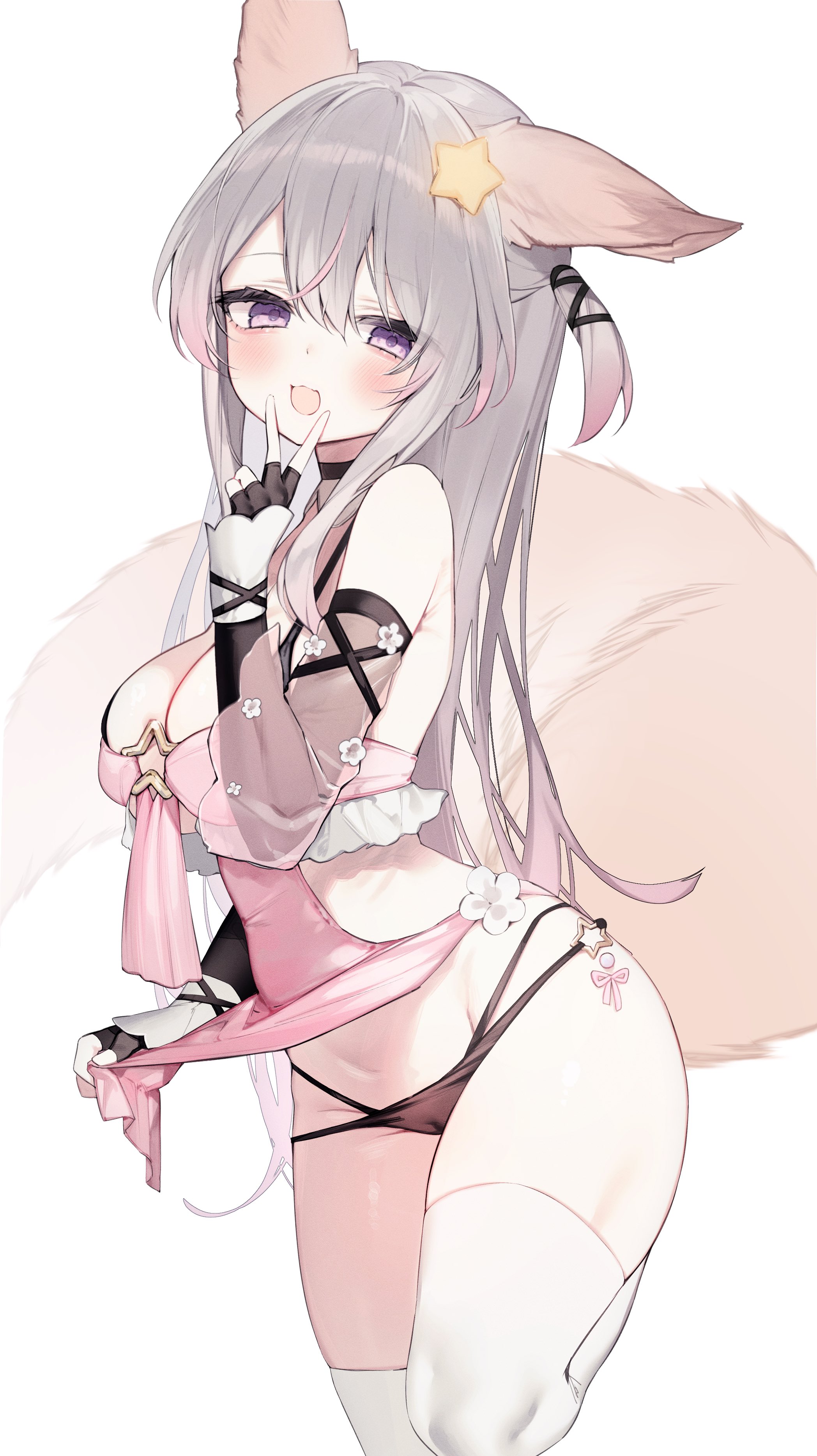 annytf, ass, big ass, big breasts, big tail, black panties, breasts, fanart, female, fox girl, gloves, hair ornament, hi res, indie virtual youtuber, light skin, light-skinned female, long hair, panties, purple eyes, submissive female, tamafurin25, thick thighs, virtual youtuber, voluptuous female, vtuber, white legwear
