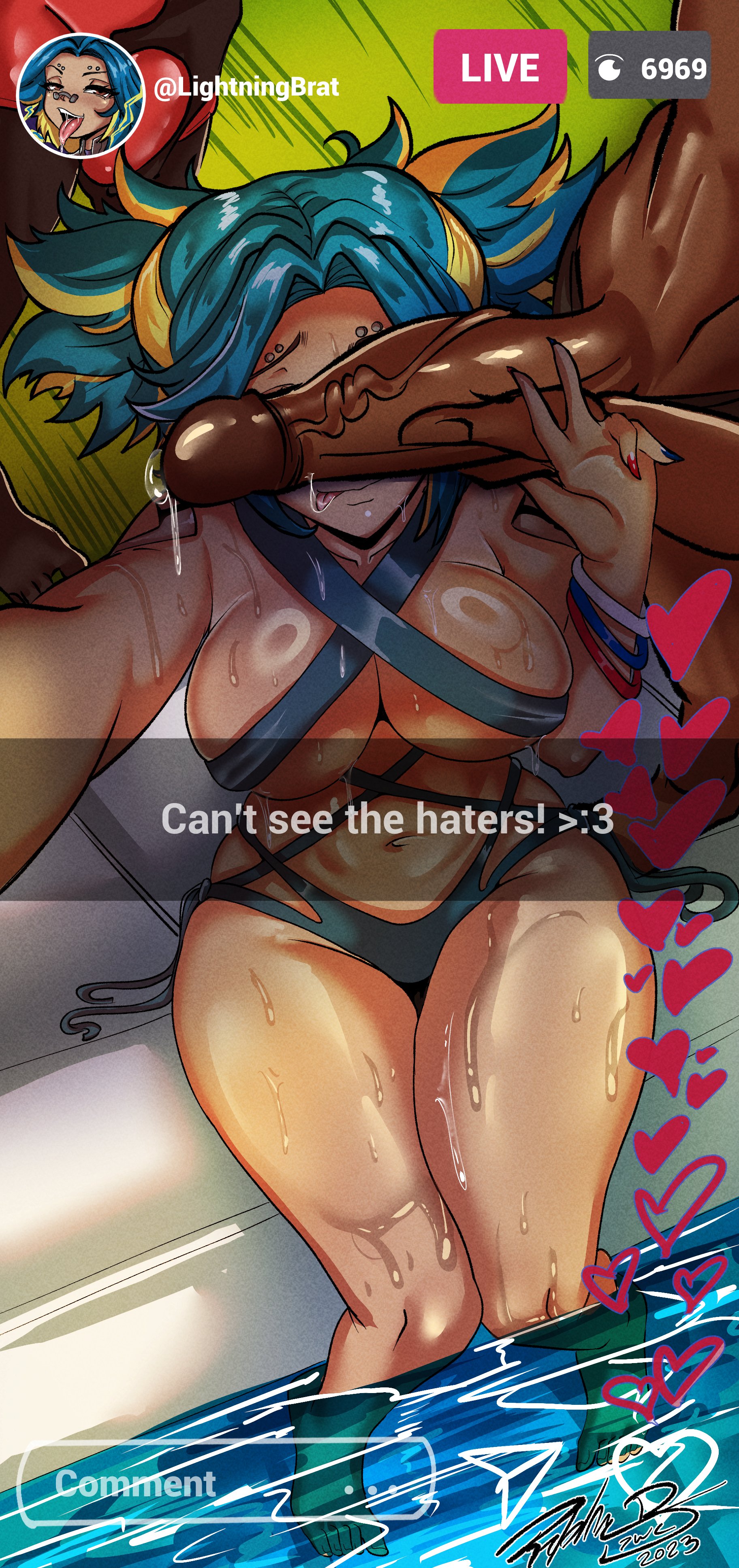 1girls, 2boys, blue hair, brown eyes, cant see the haters, dark skin, dark-skinned male, female, filipino female, male, neon (valorant), penis, piercing, precum, raphaeru, streaming, swimming pool, swimsuit, tagme, text, tongue, tongue out, valorant, veiny penis