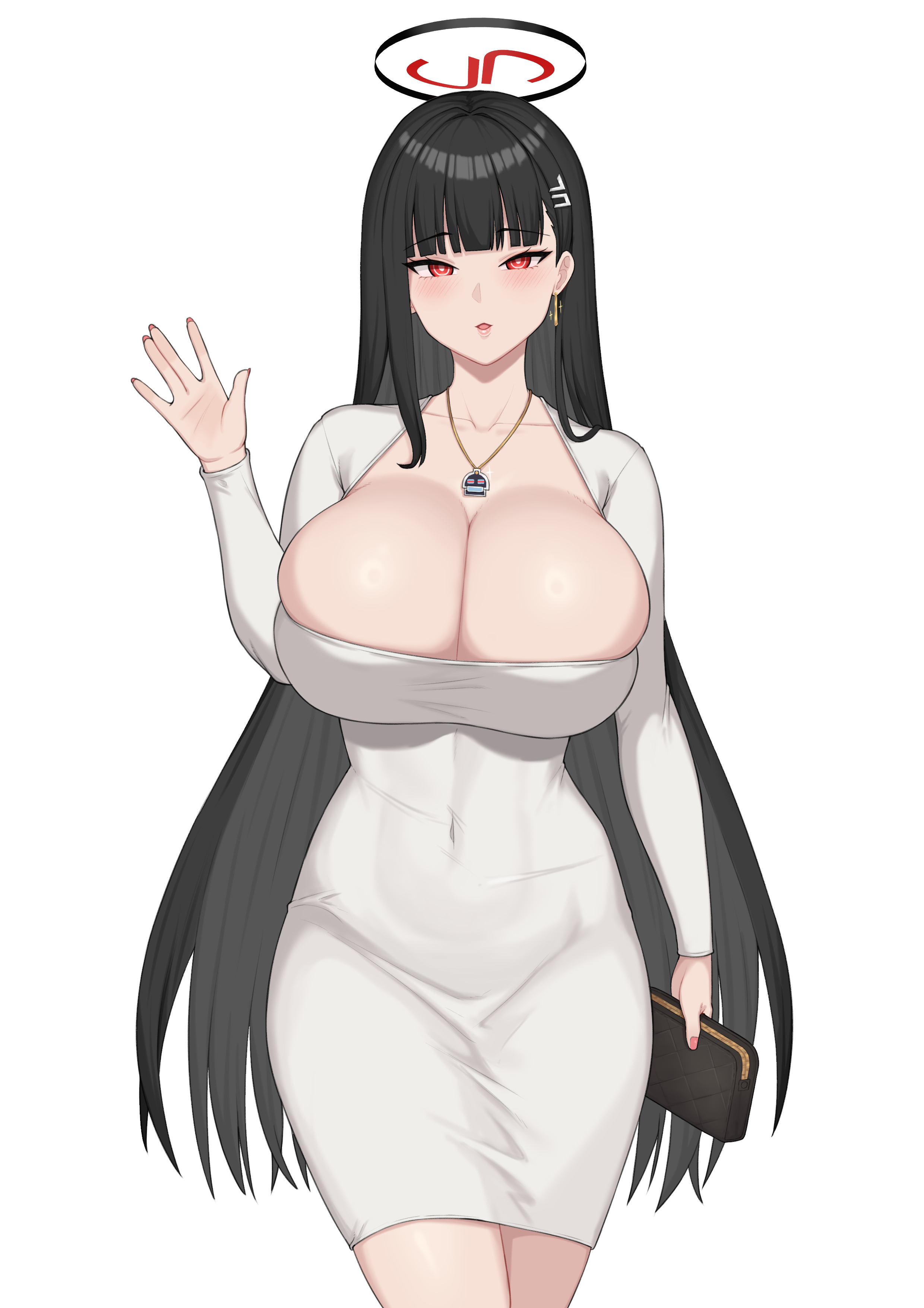 1girls, big breasts, black hair, blue archive, breasts, busty, cleavage, curvaceous, curvy, curvy female, curvy figure, dress, earrings, female, halo, huge breasts, large breasts, long hair, millennium science school student, necklace, purse, red eyes, rio (blue archive), seminar (blue archive), seminar president, voluptuous, white background, zb (xucz8527)