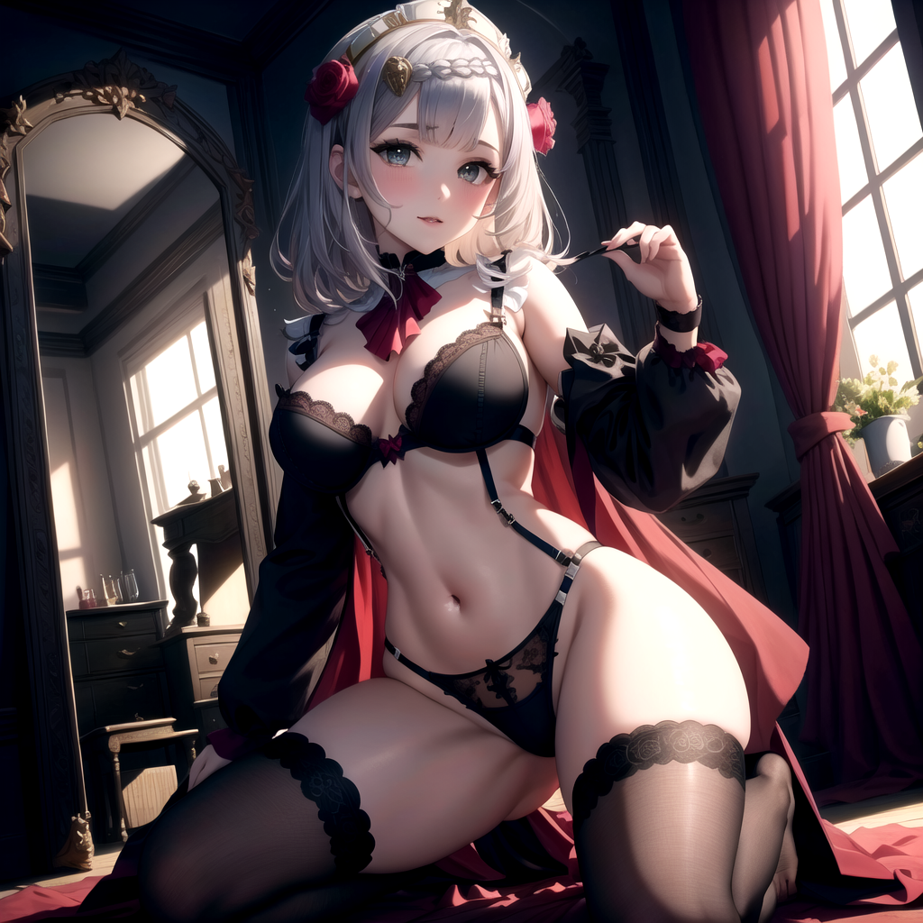 1girls, ai generated, arishah, breasts, female, from below, genshin impact, lingerie, navel, noelle (genshin impact), stockings