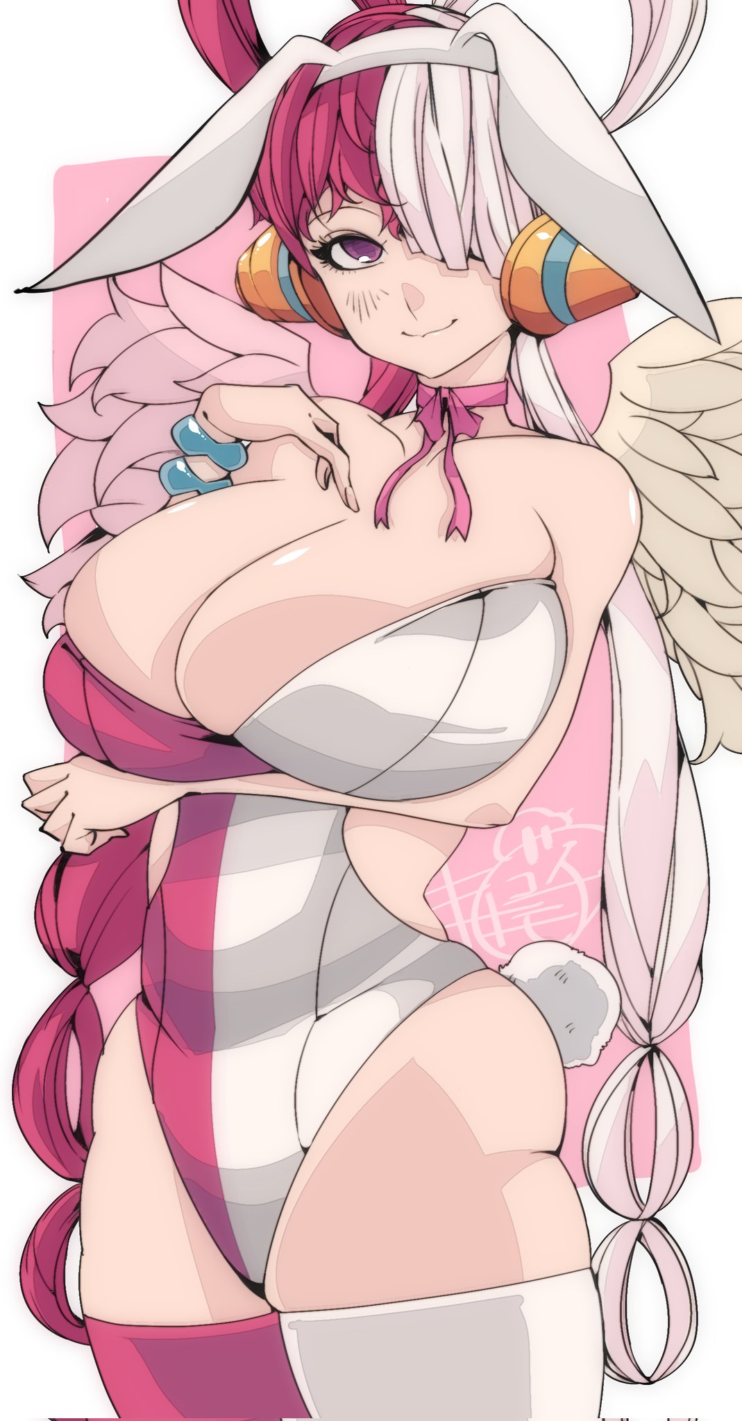 1girls, 2023, bare shoulders, big breasts, bracelet, braided hair, breasts, bunny ears, bunny tail, bunnysuit, earphones, fanart, female, female only, hair over one eye, headphones, headwear, hips, huge breasts, large breasts, leotard, light skin, light-skinned female, looking at viewer, massive breasts, multicolored hair, omochi db, one piece, one piece film red, pink hair, pink ribbon, purple eyes, red hair, red-haired female, ribbon, smile, smiling at viewer, stockings, thighhighs, twintails, two-tone hair, uta (one piece), voluptuous, voluptuous female, white hair, white-haired female, wings