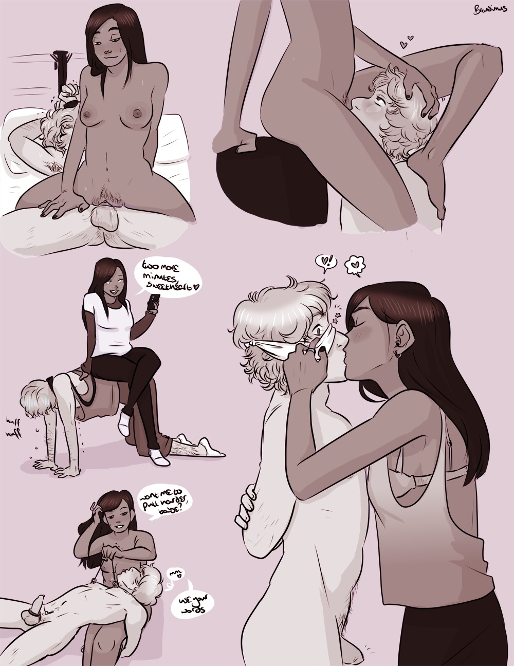 1boy, 1girls, 2d, armpit hair, artist request, balls, blindfold, bondage, brandimus, chocolate and vanilla, cowgirl position, cunnilingus, dark skin, dark-skinned female, female, femdom, flaccid, foreskin, gentle femdom, hand on head, interracial, kissing, leash, leg hair, light skin, light-skinned male, male, male and female focus, nipple piercing, nipple play, nipples, nude, penis, piercing, pubic hair, pussy, romantic couple, sitting on person, speech bubble, straight, testicles, uncensored, uncircumcised, uncut, wholesome
