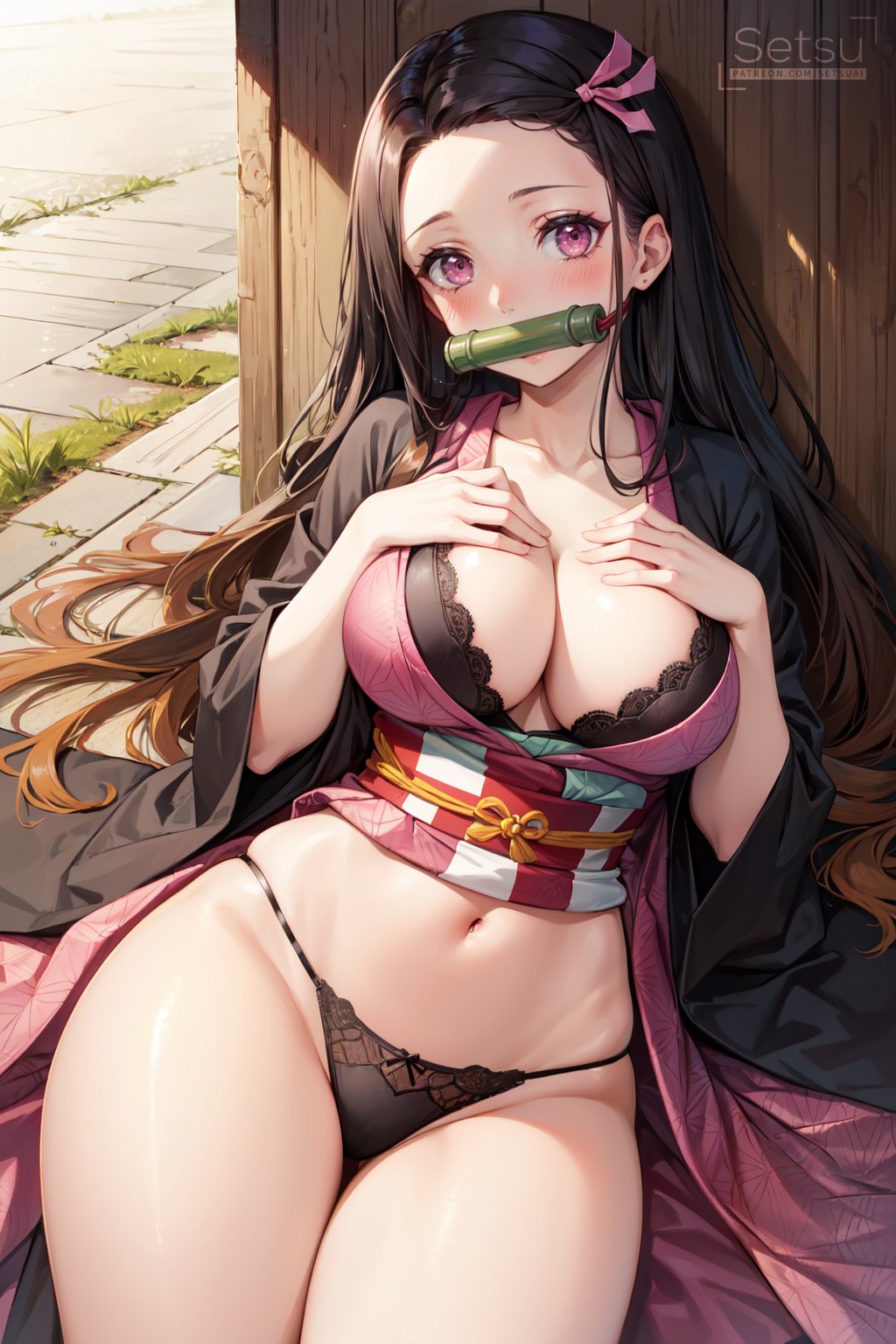 1girls, 2d, aged up, ai generated, bamboo gag, big breasts, black hair, black panties, breasts, demon slayer, female, female only, hands on breasts, kamado nezuko, kimetsu no yaiba, looking at viewer, orange hair, pink eyes, thick thighs, two-tone hair