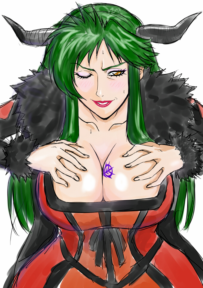 archenemy_and_hero blush breasts choker cima_garahau cleavage cosplay dress female female_focus fur_trim green_hair grin gundam gundam_0083 horns large_breasts lips lipstick long_hair looking_at_viewer makeup maou_(maoyuu) maou_(maoyuu)_(cosplay) maoyuu_maou_yuusha nyantamaran one_eye_closed sketch smile solo sweat villainess yellow_eyes zeon