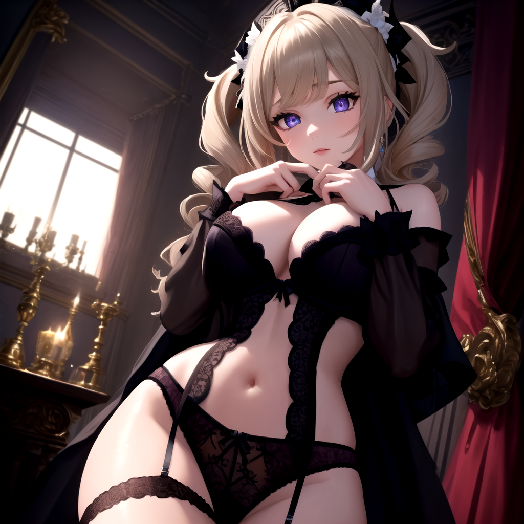 1girls, ai generated, arishah, barbara (genshin impact), breast squeeze, breasts, female, from below, genshin impact, goth, lingerie, pink hair