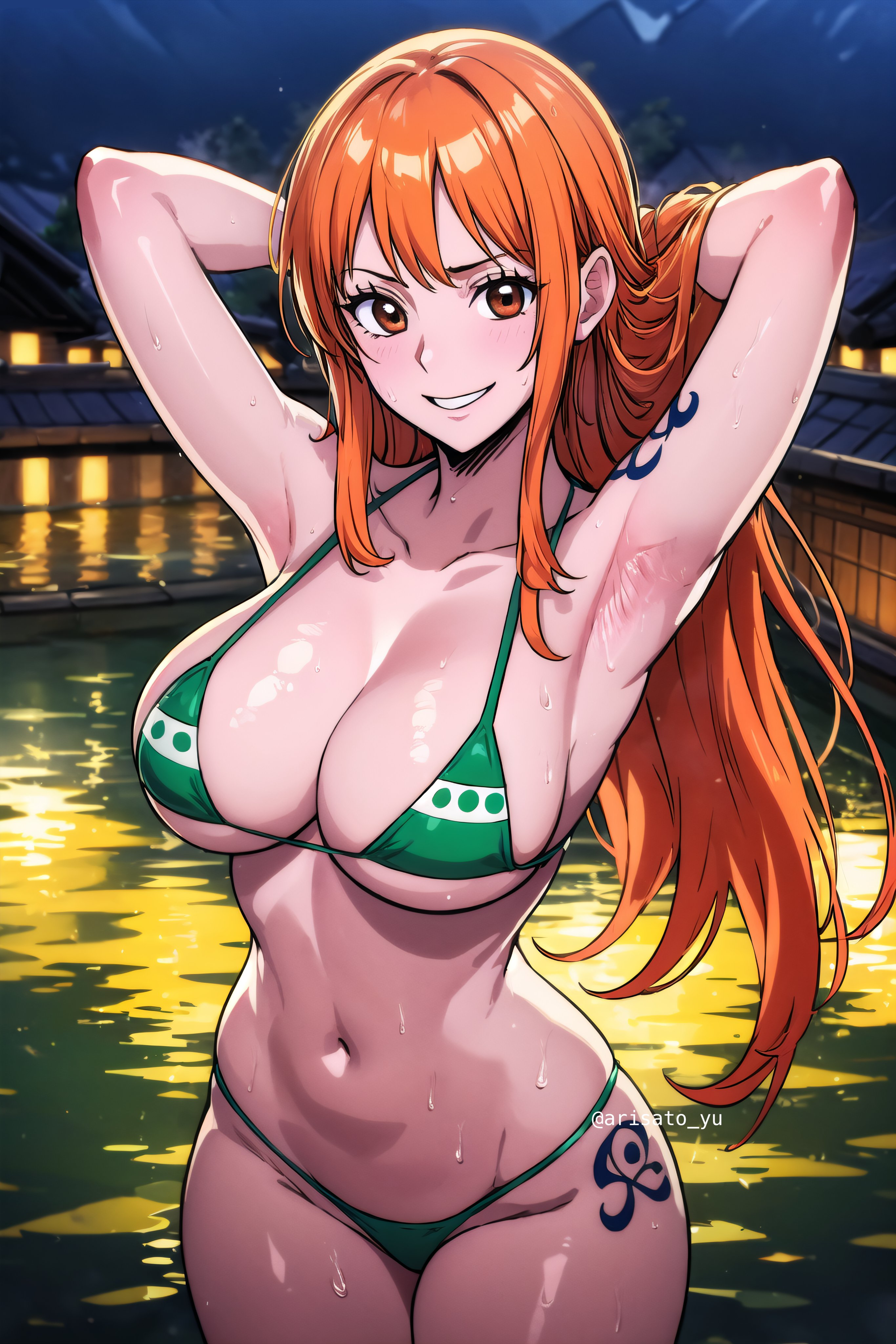 ai generated, arisato yu, breasts, female, female only, nai diffusion, nami (one piece), one piece, orange eyes, orange hair, post-timeskip, solo, stable diffusion, swimsuit, tagme