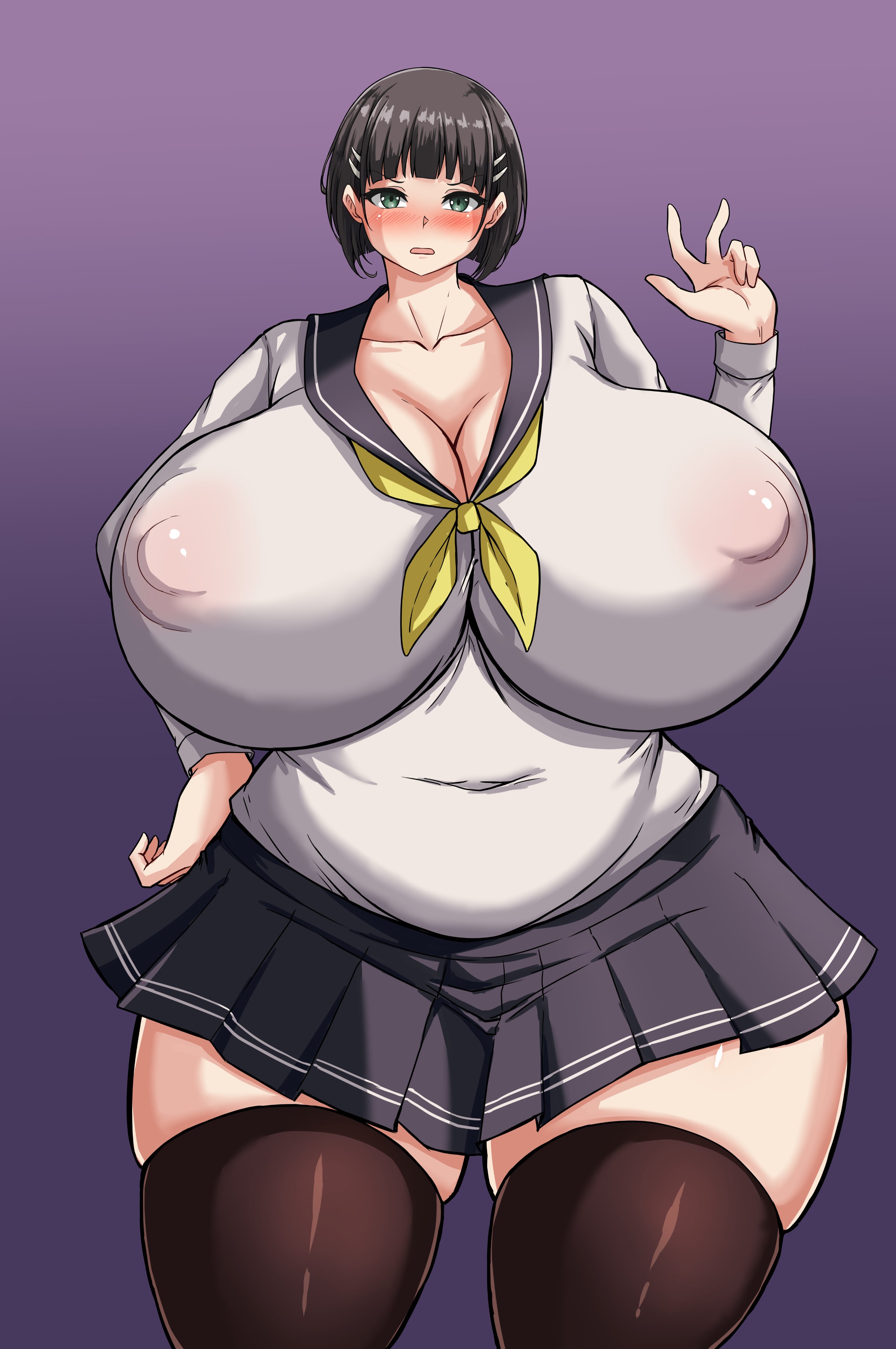 1girls, 2d, belly, big breasts, black hair, blush, blushing, breasts, busty, cleavage, covered navel, curvaceous, curvy, curvy female, curvy figure, female, gigantic breasts, green eyes, huge breasts, hyper, kirigaya suguha, large breasts, mekabaryt, nipples, nipples visible through clothing, plump, school uniform, schoolgirl, schoolgirl uniform, short hair, skirt, sword art online, thick thighs, thighhighs, thighs, venus body, voluptuous, wide hips, zettai ryouiki