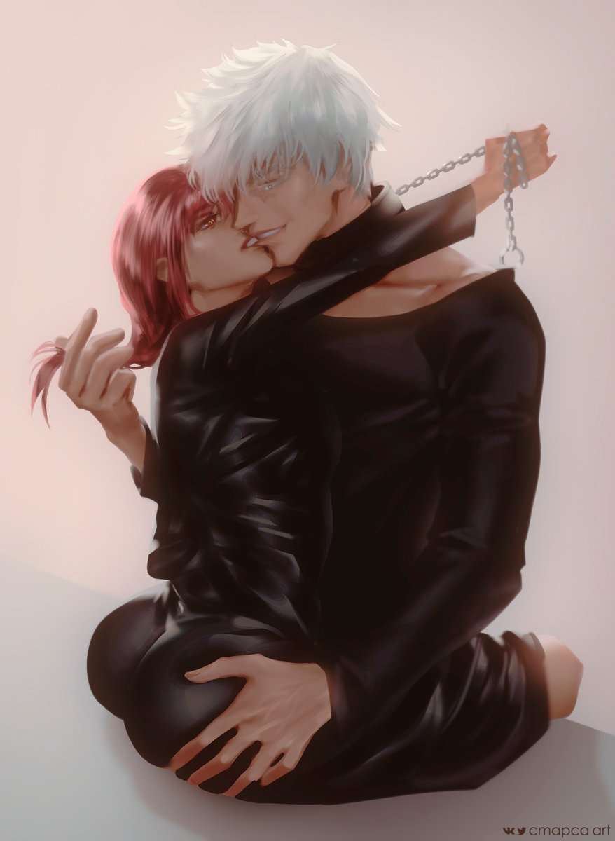 big ass, biting lip, breast press on chest, chainsaw man, collar, crossover, golden eyes, groping, groping ass, heterosexual, jujutsu kaisen, makima (chainsaw man), male/female, muscular, muscular male, red hair, satoru gojo, straddling, white hair