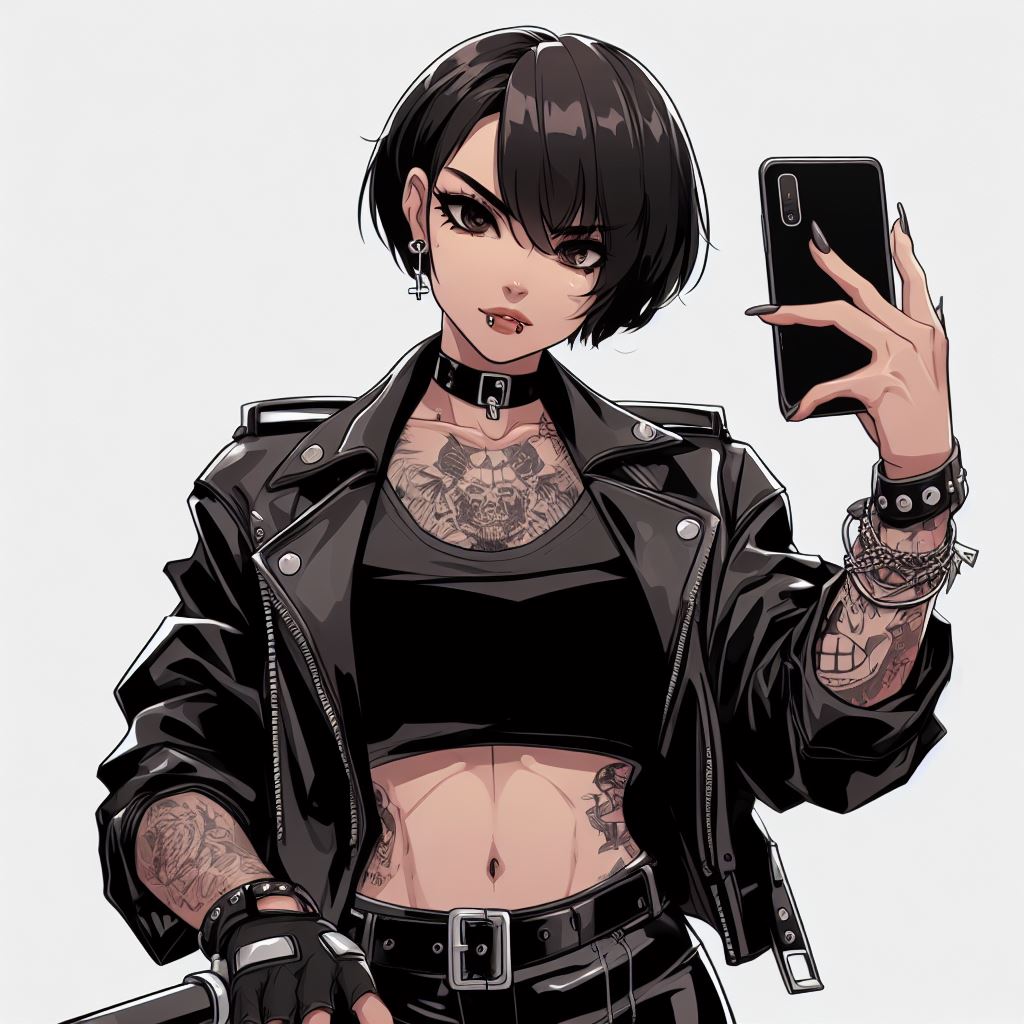 ai_generated biker_girl biker_jacket goth_girl leather_jacket leather_pants piercing short_hair