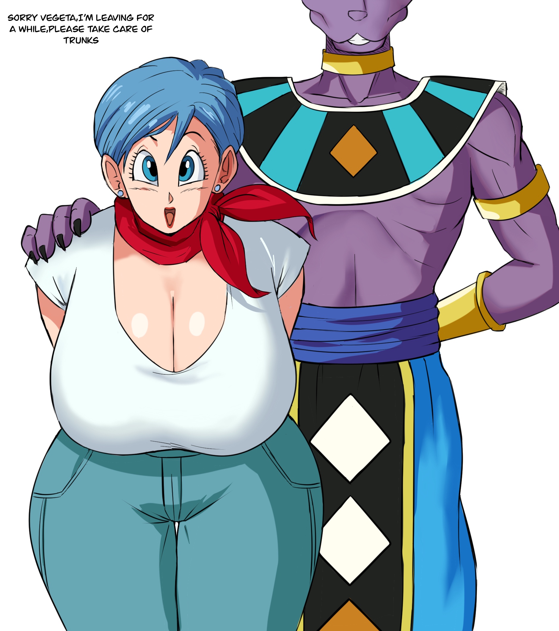 1girls, 2023, 2boys, anthro, anthro on human, beerus, blue eyes, blue hair, breasts, bulma briefs, cheating, cheating female, cheating wife, cleavage, curvy, dialogue, dragon ball, dragon ball super, english text, female, furry, imminent sex, implied cheating, large breasts, lipstick, male, panarandom, pov, purple skin, red lipstick, scarf, short hair, straight, text, thick thighs, thighs, vegeta