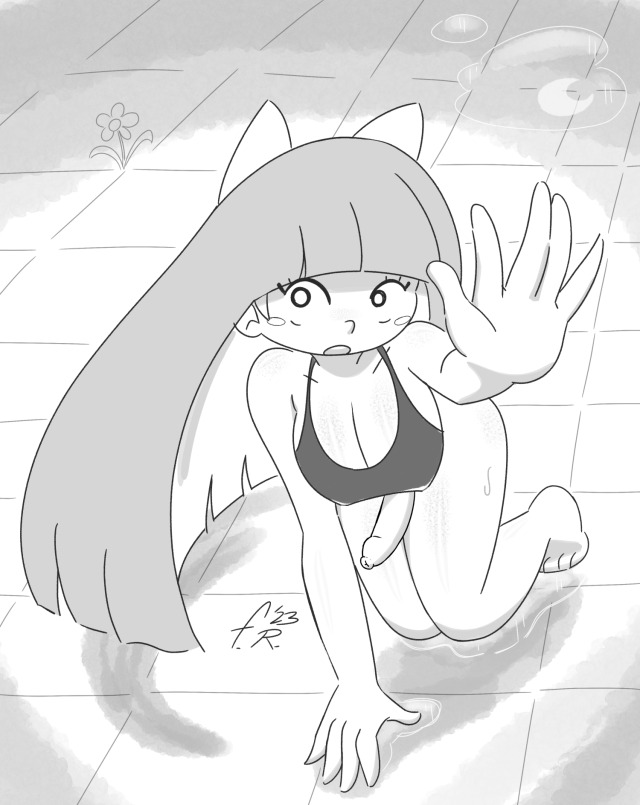 1futa, 2023, bangs, big breasts, big penis, black and white, bottomless, bra, breasts, cleavage, clothed, clothing, deep cleavage, erection, fernal-scarlet, foreskin, futa only, futanari, human, intersex, long hair, medium penis, on knees, panty & stocking with garterbelt, partially clothed, penis, penis out, puddle, solo, solo futa, stocking anarchy, uncircumcised, uncut, unretracted foreskin, very long hair