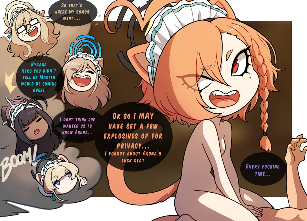akane (blue archive), anger vein, asuna (blue archive), blue archive, braid, cat ears, cat girl, catgirl, chibi, cleaning & clearing (blue archive), completely nude, english text, fangs, female, karin (blue archive), kinkymation, maid headdress, millennium science school student, mouthless, nekomimi, neru (blue archive), no mouth, nude, open mouth, profanity, pussy, speech bubble, text, thumbs up, toki (blue archive), vaginal penetration