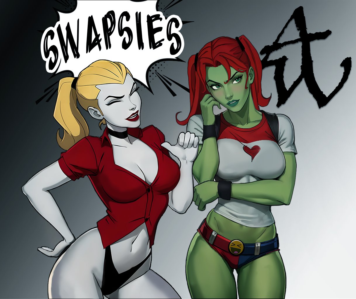 2girls abel_waters ai_generated batman_(series) big_breasts blonde_hair cleavage clothing_swap cosplay dc dc_comics female female_only green_eyes green_skin harley_quinn harley_quinn_(cosplay) multiple_girls poison_ivy poison_ivy_(cosplay) red_hair shorts speech_bubble tagme text text_bubble thong