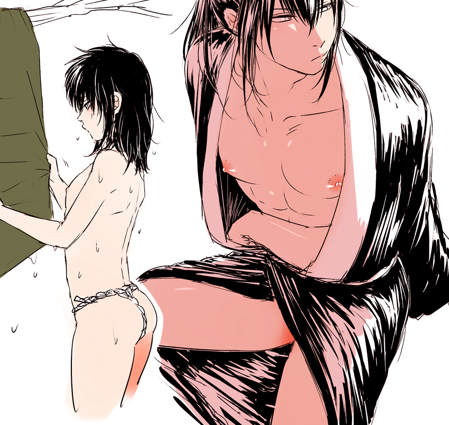 aged_down black_hair fundoshi gintama hijikata_toshiro japanese_clothes kimono long_hair long_hair_male male male_only mame_(pixiv) nipples open_kimono pecs sitting solo teen_boy teenager topless topless_male twink wet_body wet_skin