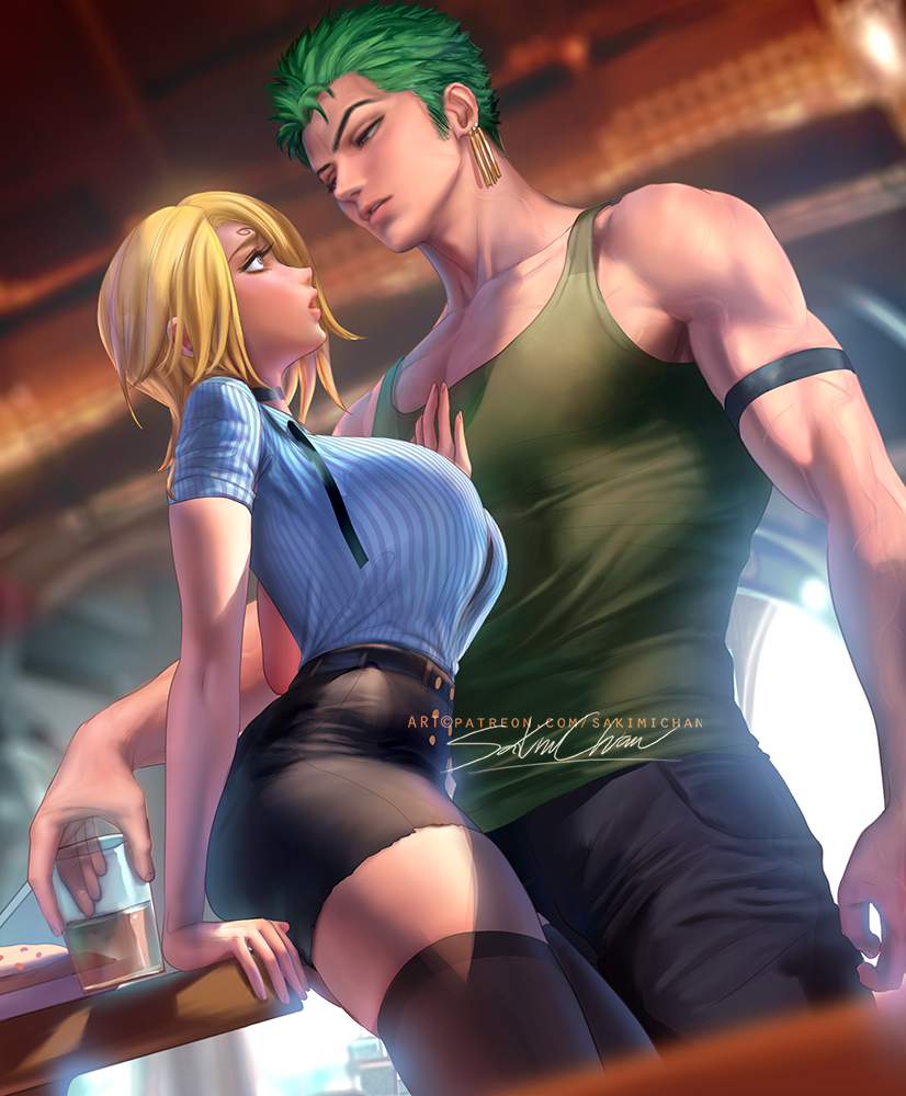 1boy 1girls against_table black_thighhighs blonde_hair blue_eyes blush breasts buttons collared_shirt curly_eyebrows drink earrings female food genderswap_(mtf) green_hair hair_over_one_eye jewelry large_breasts lips looking_at_another male medium_hair muscular muscular_male necktie one_piece open_mouth roronoa_zoro rule_63 sakimichan shirt short_hair shorts straight thick_thighs thighhighs thighs underwear veins vinsmoke_sanji zettai_ryouiki