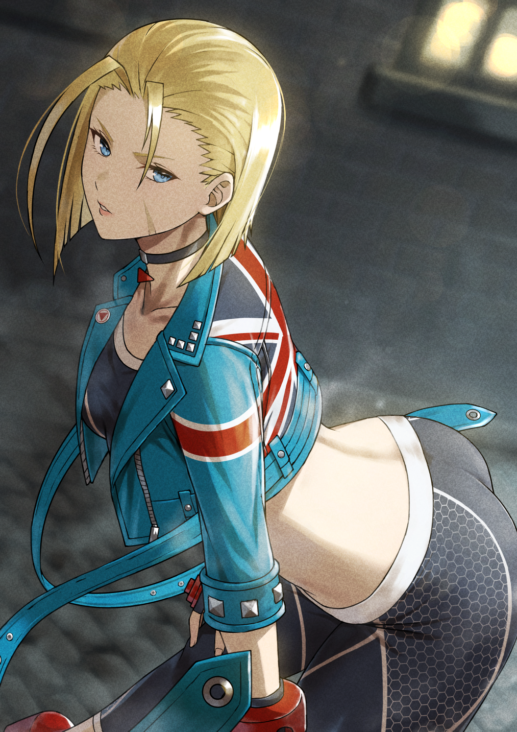 1girls ass big_ass black_choker black_pants black_sports_bra blonde_hair blue_eyes building cammy_white choker cropped_jacket fagi_(kakikaki) female female_only fully_clothed highres leaning_forward medium_hair night outdoors pants petite scar scar_on_face solo sports_bra street_fighter street_fighter_6 union_jack_print yoga_pants