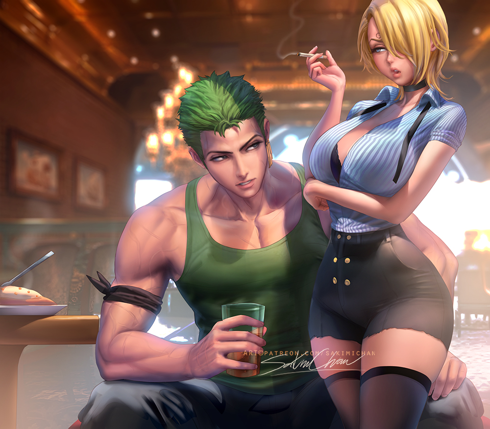 1boy 1girls big_breasts black_bra black_thighhighs blonde_hair blue_eyes bra breasts buttons cigarette collared_shirt curly_eyebrow drink earrings female food genderswap_(mtf) green_hair hair_over_one_eye holding holding_cigarette holding_drink jewelry large_breasts looking_at_another male medium_hair muscular muscular_male necktie one_piece open_mouth roronoa_zoro rule_63 sakimichan shirt short_hair shorts smoking_cigarette straight thick_thighs thighhighs thighs underwear veins vinsmoke_sanji zettai_ryouiki