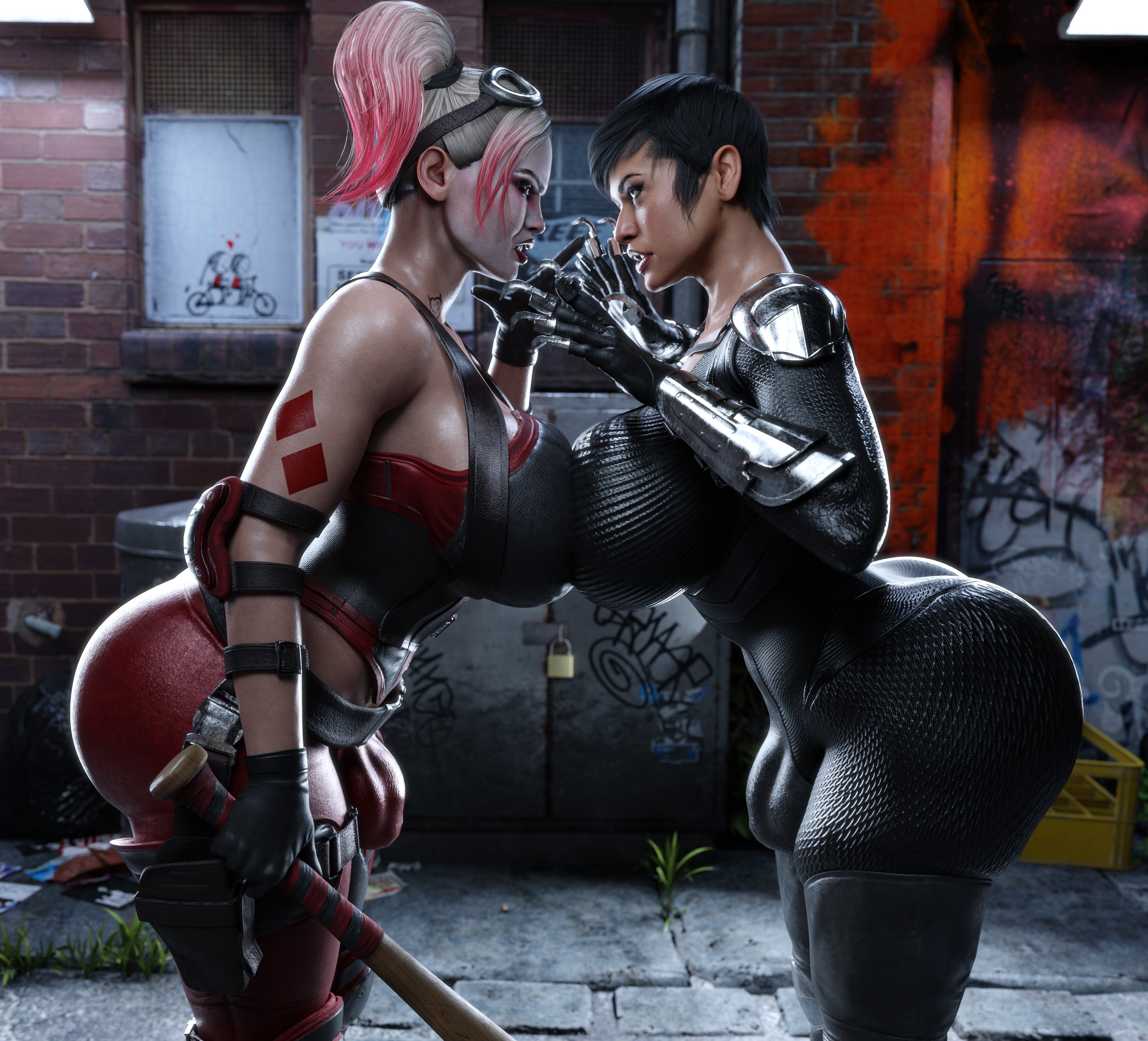 2futas, 3d, 3d (artwork), 3d render, baseball bat, batman (series), big breasts, black hair, blonde hair, bodysuit, breasts, catwoman, catwoman (injustice), dc, dc comics, fully clothed, futa only, futa with futa, futanari, harley quinn, harley quinn (injustice), hi res, hips, huge breasts, injustice 2, intersex, large breasts, light skin, light-skinned futa, long hair, selina kyle, short hair, thick thighs, thighs, wide hips, zzzxxxccc