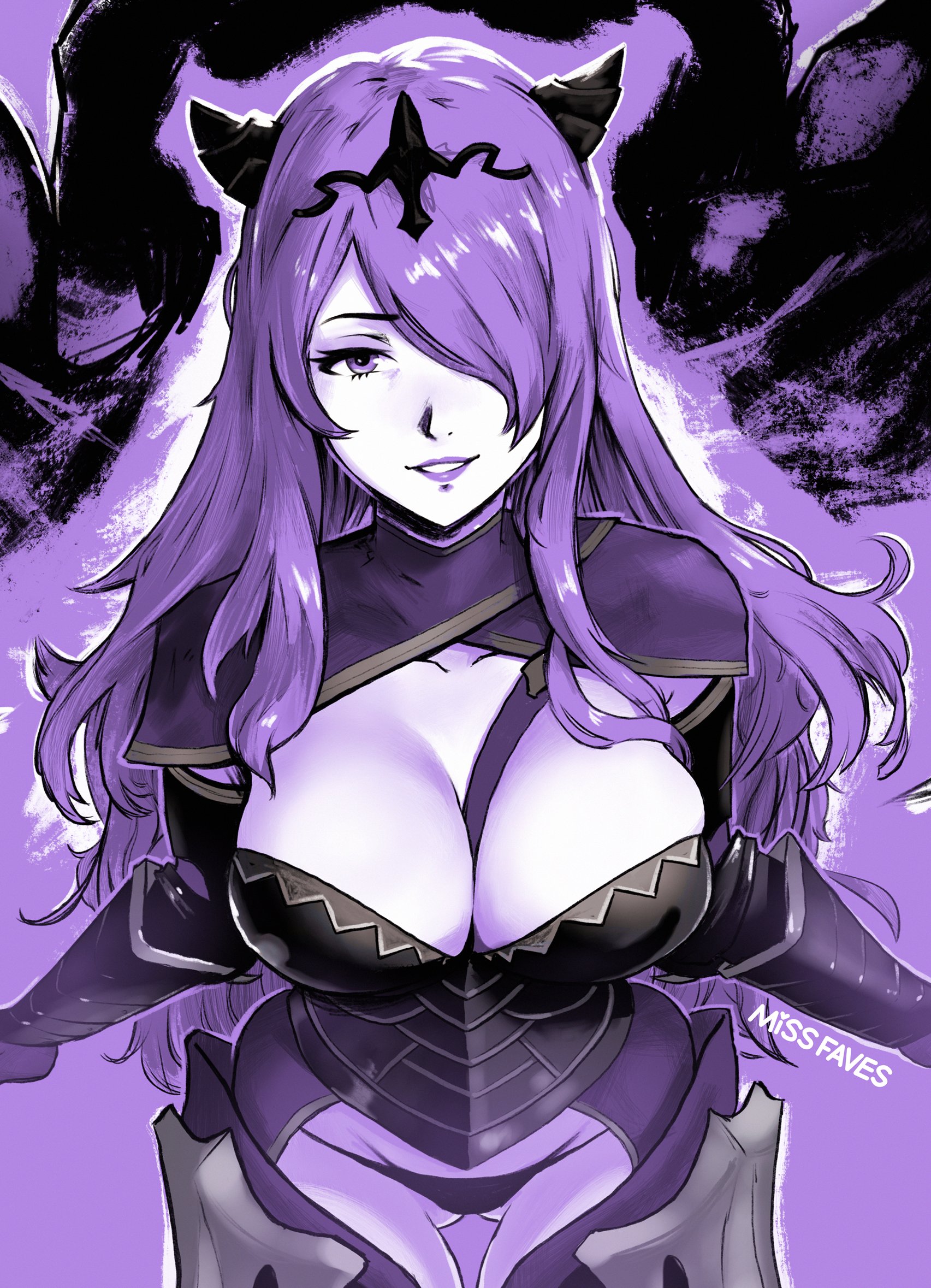 1girls, artist name, ass visible through thighs, bare thighs, black panties, breasts, camilla (fire emblem), cleavage, female, female only, fire emblem, fire emblem fates, gauntlets, hair over one eye, highres, inner thighs, large breasts, long hair, looking at viewer, missfaves, monochrome, nintendo, panties, purple background, purple eyes, purple hair, purple theme, solo, swept bangs, thighs, thong, tiara, underwear