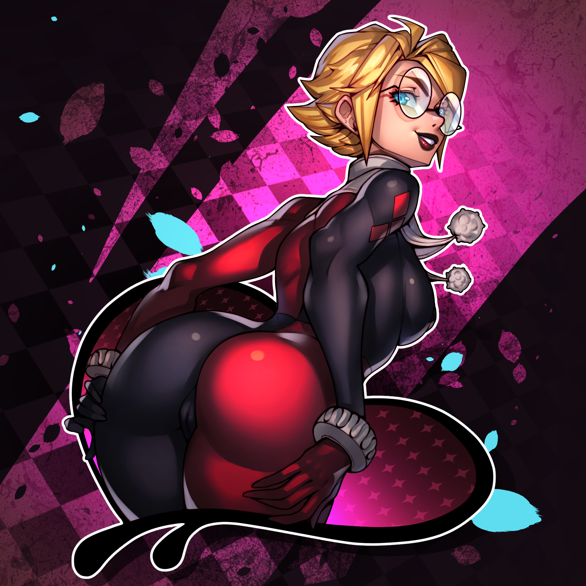 1girls, 2d, alternate version available, ass, ass focus, ass grab, background, batman (series), bent over, big ass, black clothing, black lips, black lipstick, blonde female, blonde hair, blue eyes, bodysuit, cameltoe, checkered, checkered background, danaphus, dc, dc comics, ears, eyelashes, eyes, eyewear, female, female only, glasses, gloves, hair, harleen quinzel, harley quinn, harley quinn (classic), jester outfit, latex, latex suit, lips, lipstick, looking back, patreon exclusive, pose, presenting ass, purple background, pussy, rear view, red clothing, red lipstick, round glasses, ruffled sleeves, ruffles, short hair, short hair female, solo, spandex, spiky hair, standing, teeth, tight clothing, two-tone clothing, villain, villainess, yellow hair
