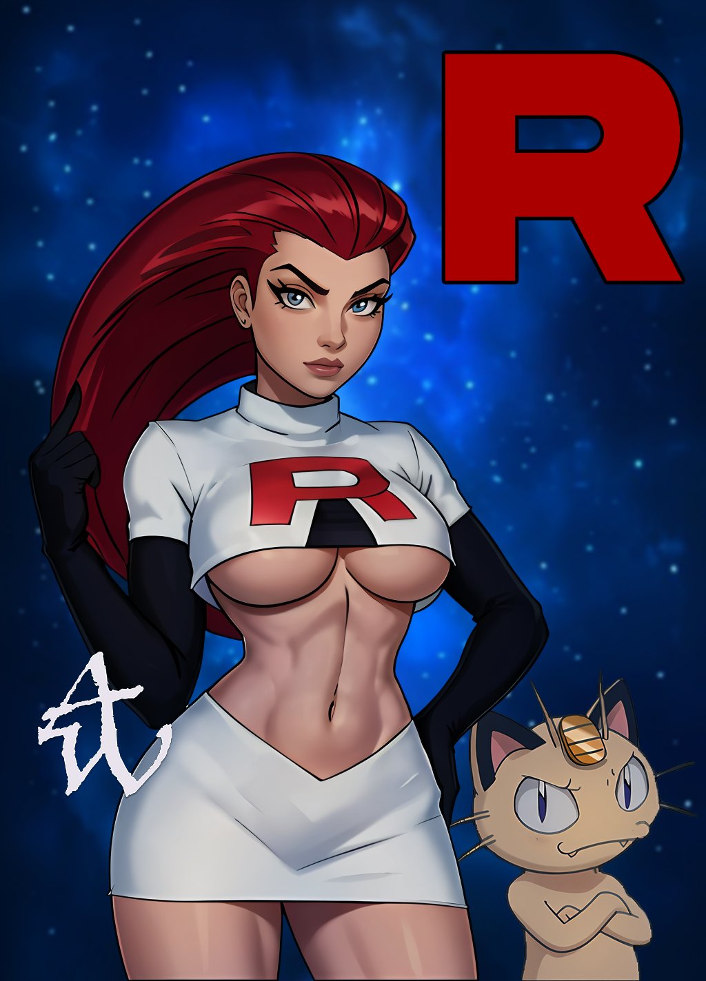 abel waters, ai generated, big breasts, blue eyes, breasts, female, jessie (pokemon), long hair, meowth, pokemon, red hair, skirt, tagme, team rocket, underboob