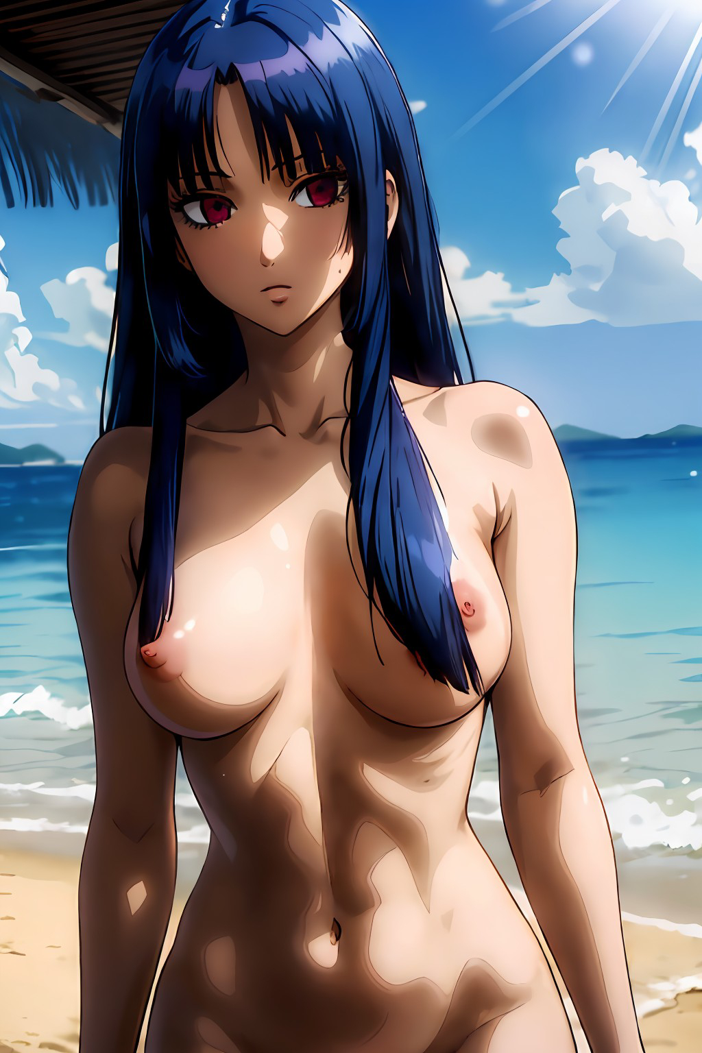 ai_generated beach blue_hair completely_nude dark_blue_hair expressionless female female_only gintama hime_cut imai_nobume long_hair medium_breasts nude ocean outside red_eyes solo