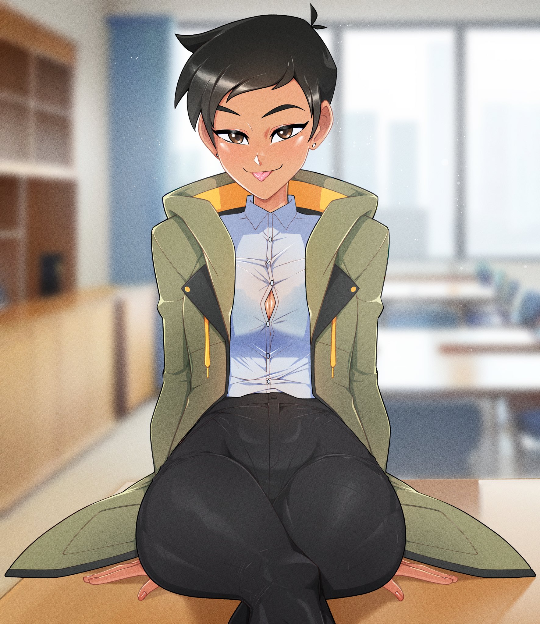 1girls, 2023, black hair, blush, breasts, brown eyes, cleavage, clothed, clothing, dark skin, dc, dc comics, ear piercing, fanart, female, human, jacket, lingerie under clothes, lois lane, lois lane (my adventures with superman), looking at viewer, medium breasts, minicop2001, my adventures with superman, outerwear, short hair, smile, smiling at viewer, superman (series), tight clothes, tight clothing, tight fit, tight pants, tomboy, voluptuous, voluptuous female