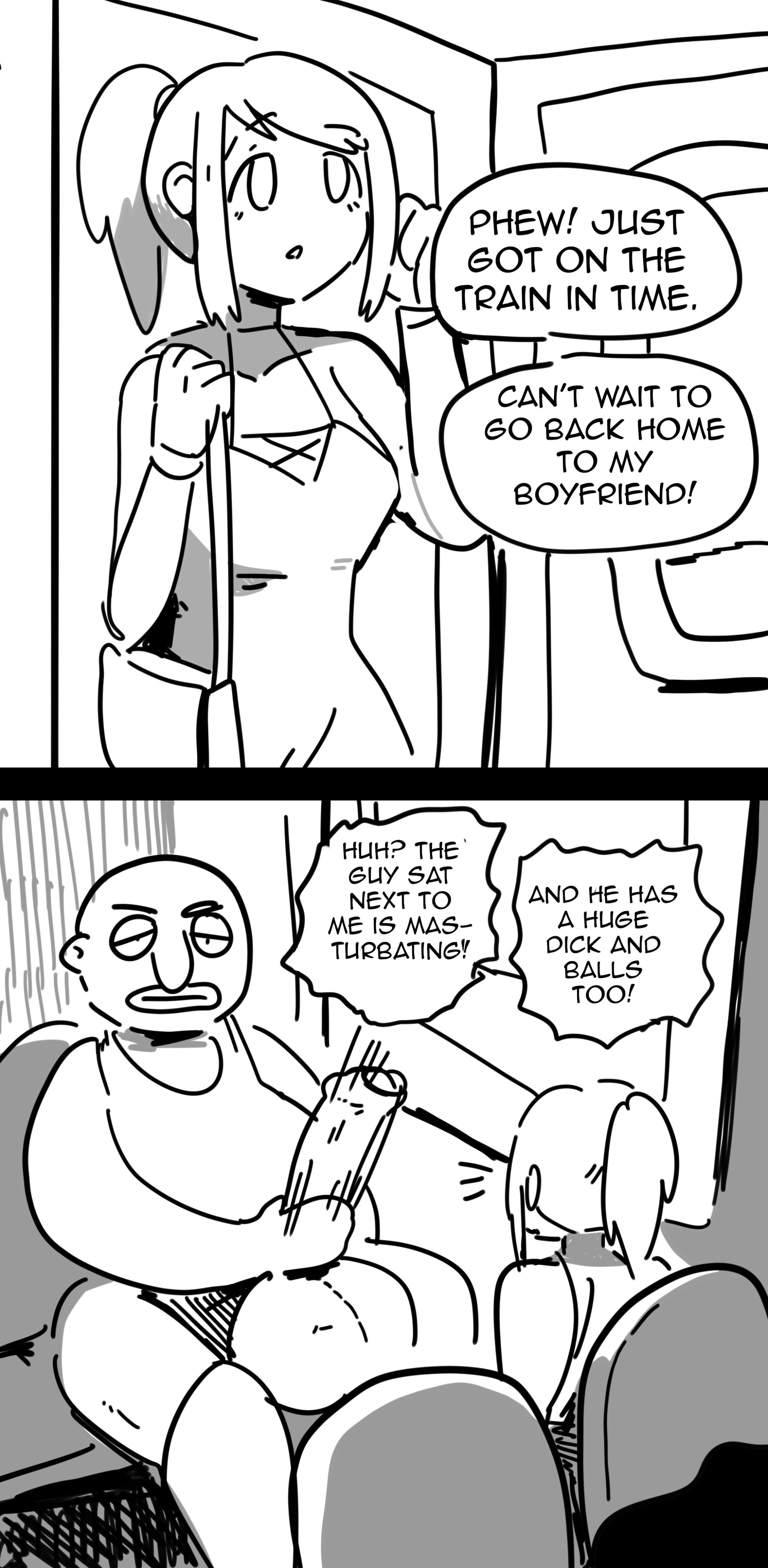 1boy, 1girls, 2d, big penis, black and white, exhibitionism, female, foreskin, hasselnut, male, masturbation, monochrome, netorare, penis, public, public transportation, train, uncircumcised, uncut, wolfgang bang
