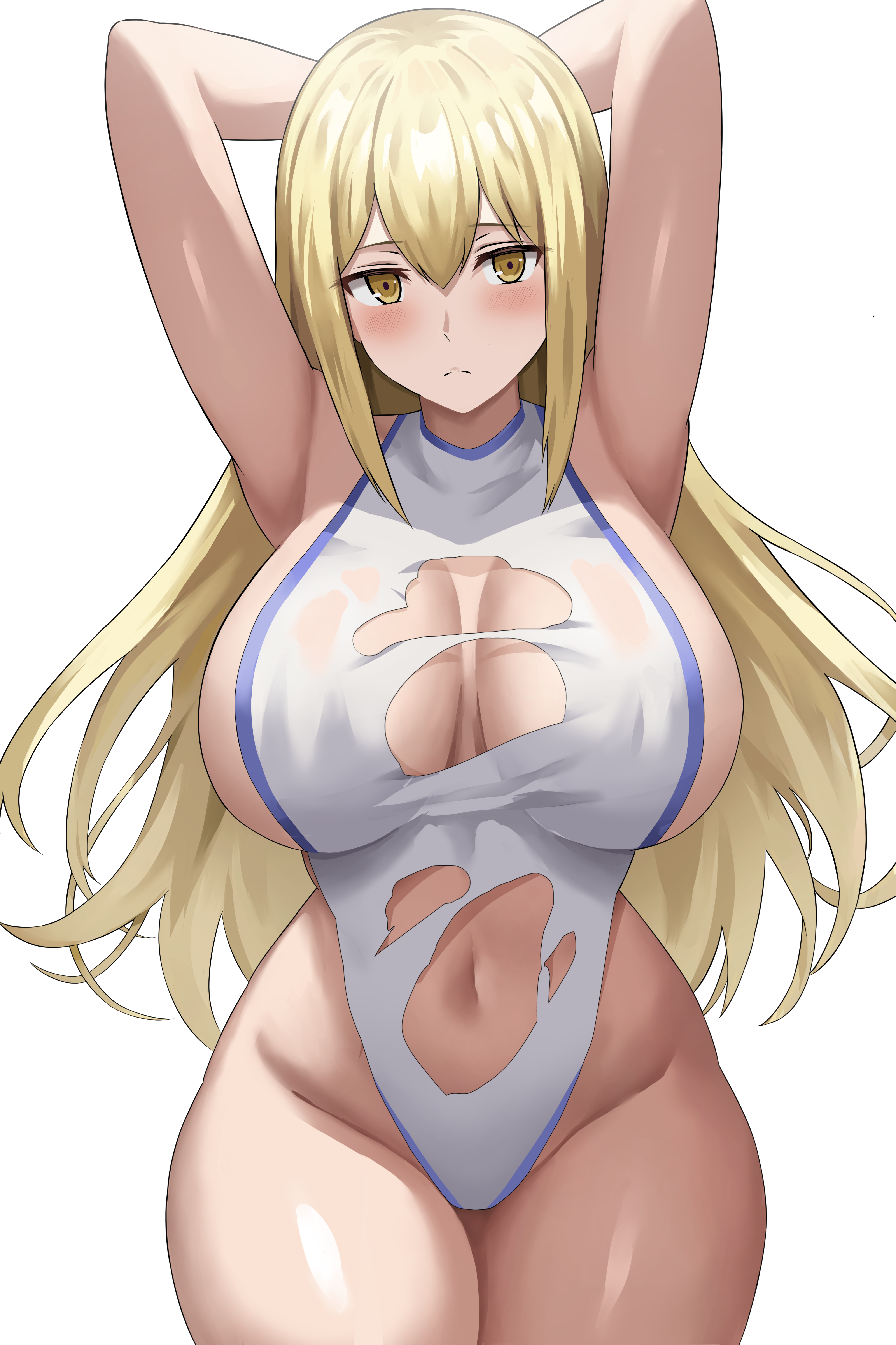 1girls, aiz wallenstein, armpits, arms up, blonde hair, breasts, dungeon ni deai wo motomeru no wa machigatteiru darou ka, female, hi res, hips, huge breasts, jasony, light skin, light-skinned female, long hair, thick thighs, thighs, white background, wide hips