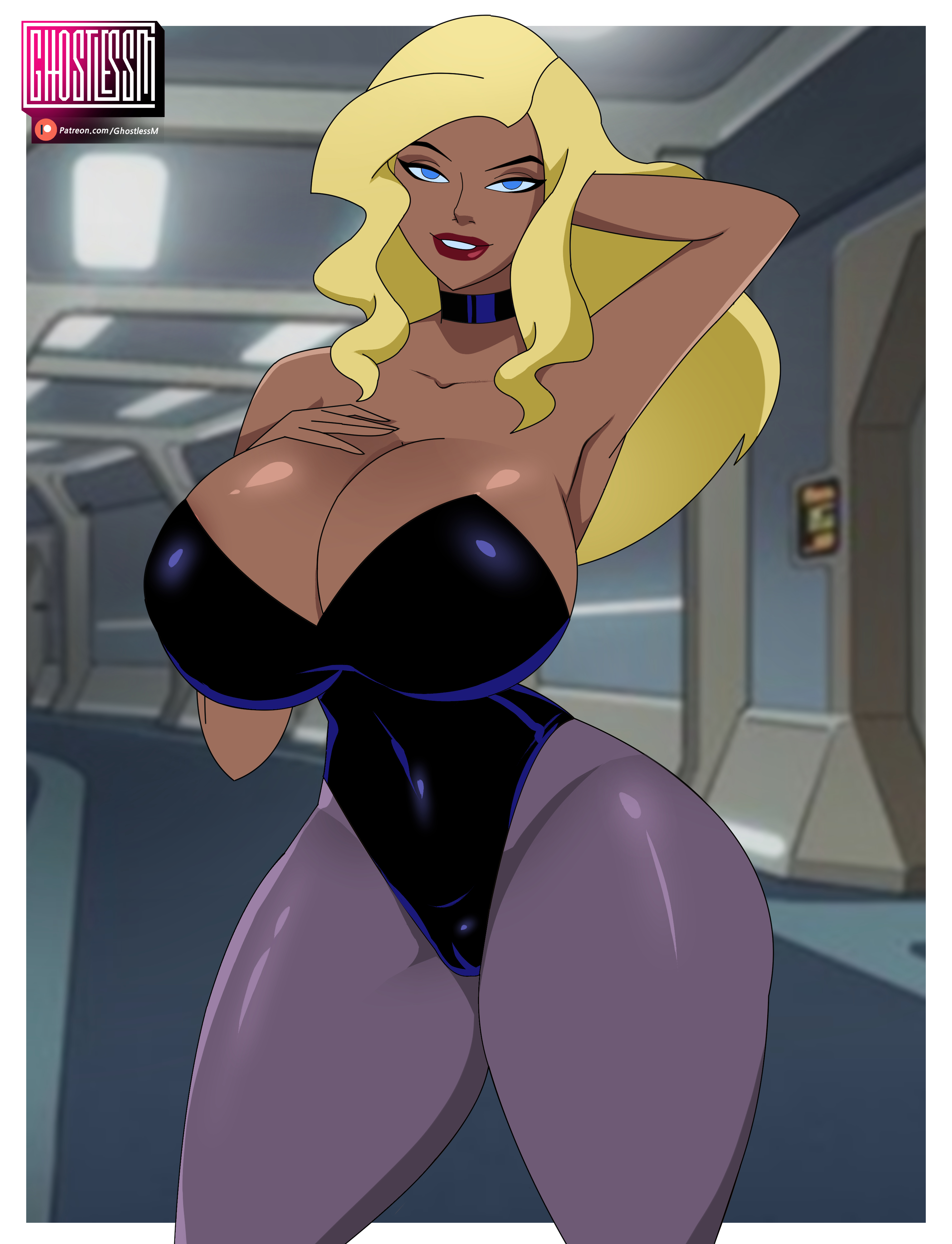 1girls, big breasts, black canary, black choker, blonde, blonde female, blonde hair, blue eyes, breasts, busty, cameltoe, choker, cleavage, dc, dc comics, dcau, dinah lance, female, ghostlessm, giant breasts, hourglass figure, huge breasts, justice league, justice league unlimited, large breasts, leotard, lipstick, looking at viewer, narrow waist, pantyhose, pussy, smile, solo, superheroine, thick thighs, top heavy, voluptuous, warner brothers, wide hips